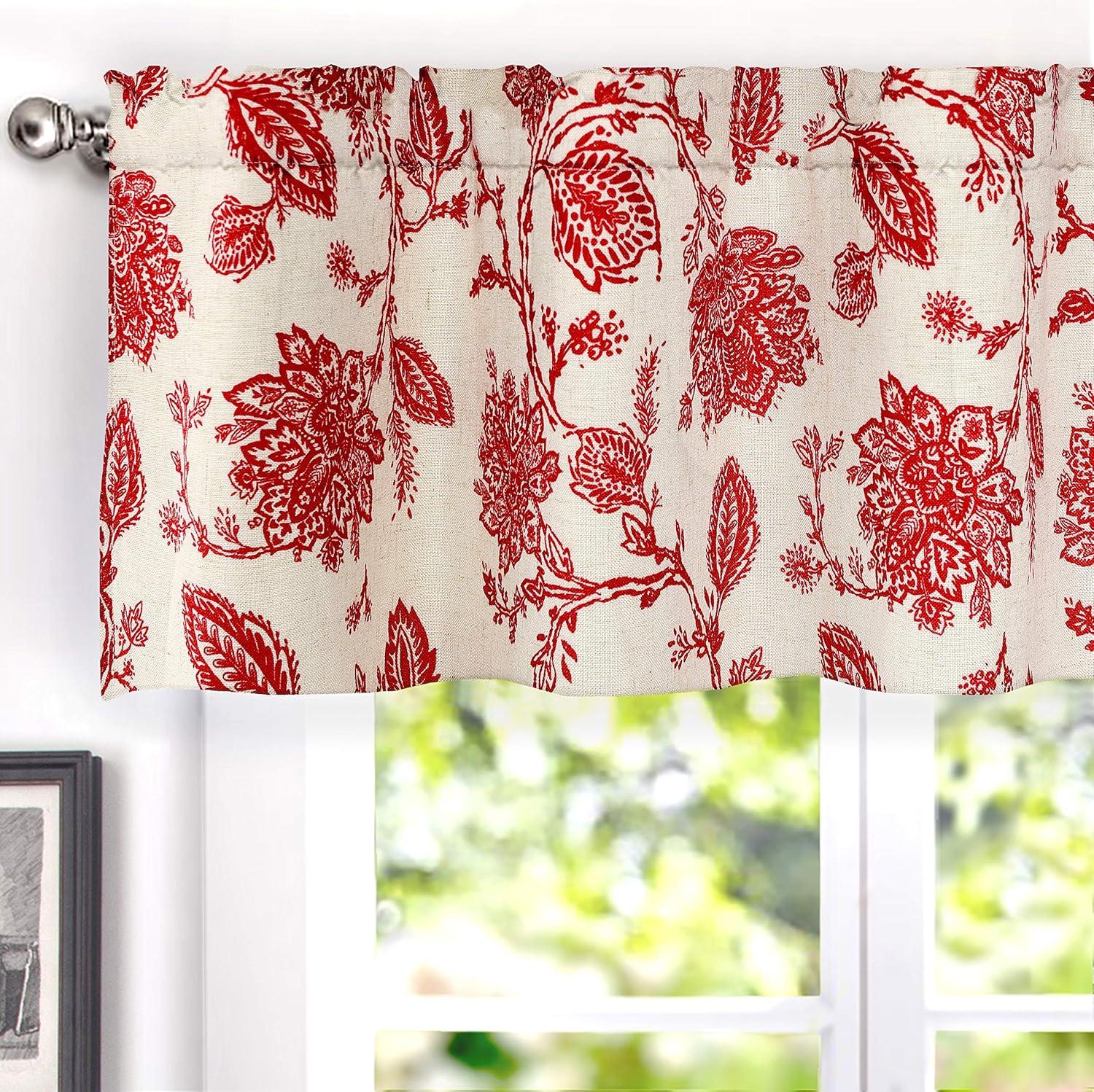 DriftAway Freda Jacobean Floral Linen Blend Blackout Thermal Insulated Energy Saving Privacy Window Curtain Valance Rod Pocket 2 Layers Single 52 Inch by 18 Inch plus 2 Inch Header Red Beige