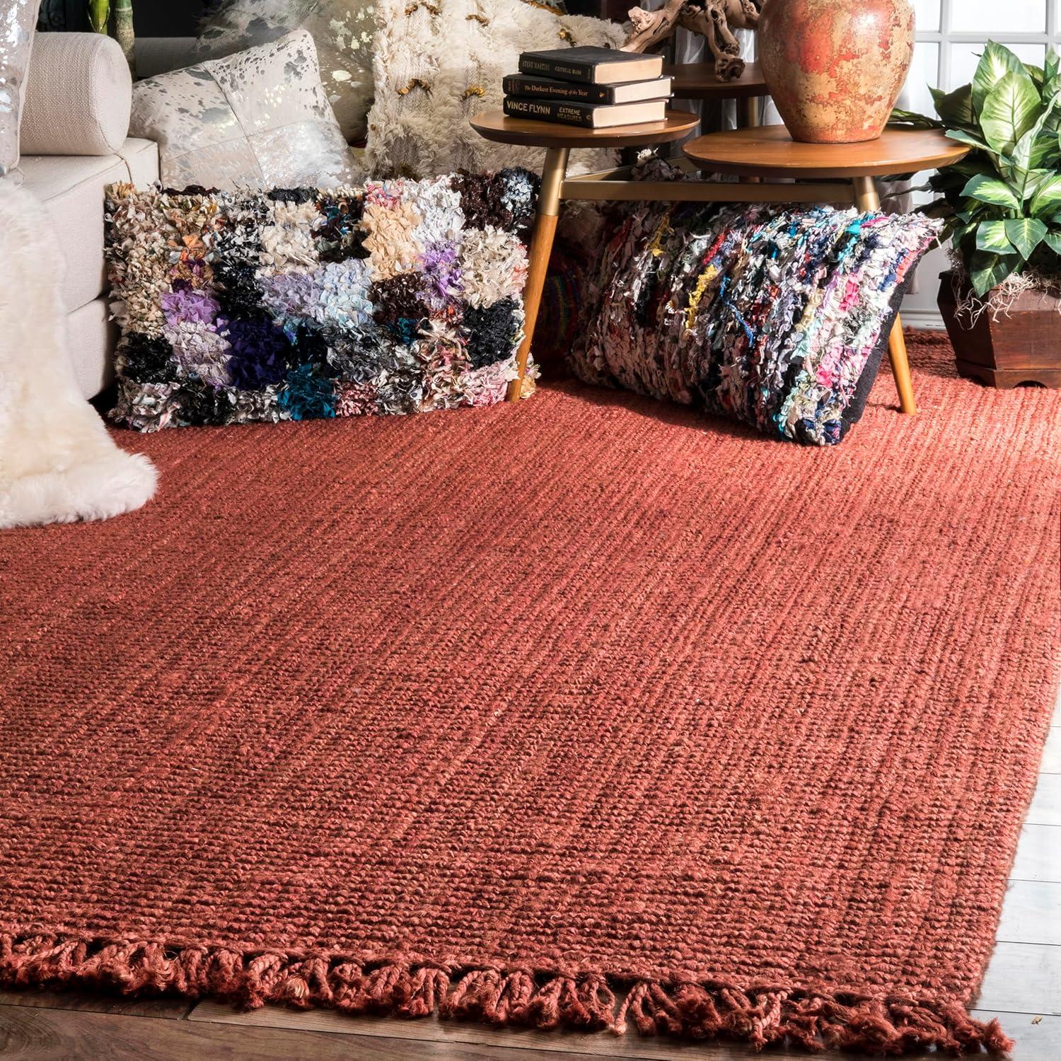 Nuloom 6x9 Daniela Jute Tassel Hand Woven Indoor Area Rug, Brick, Solid Chunky Farmhouse Design, Natural Fiber BedroomLiving Room