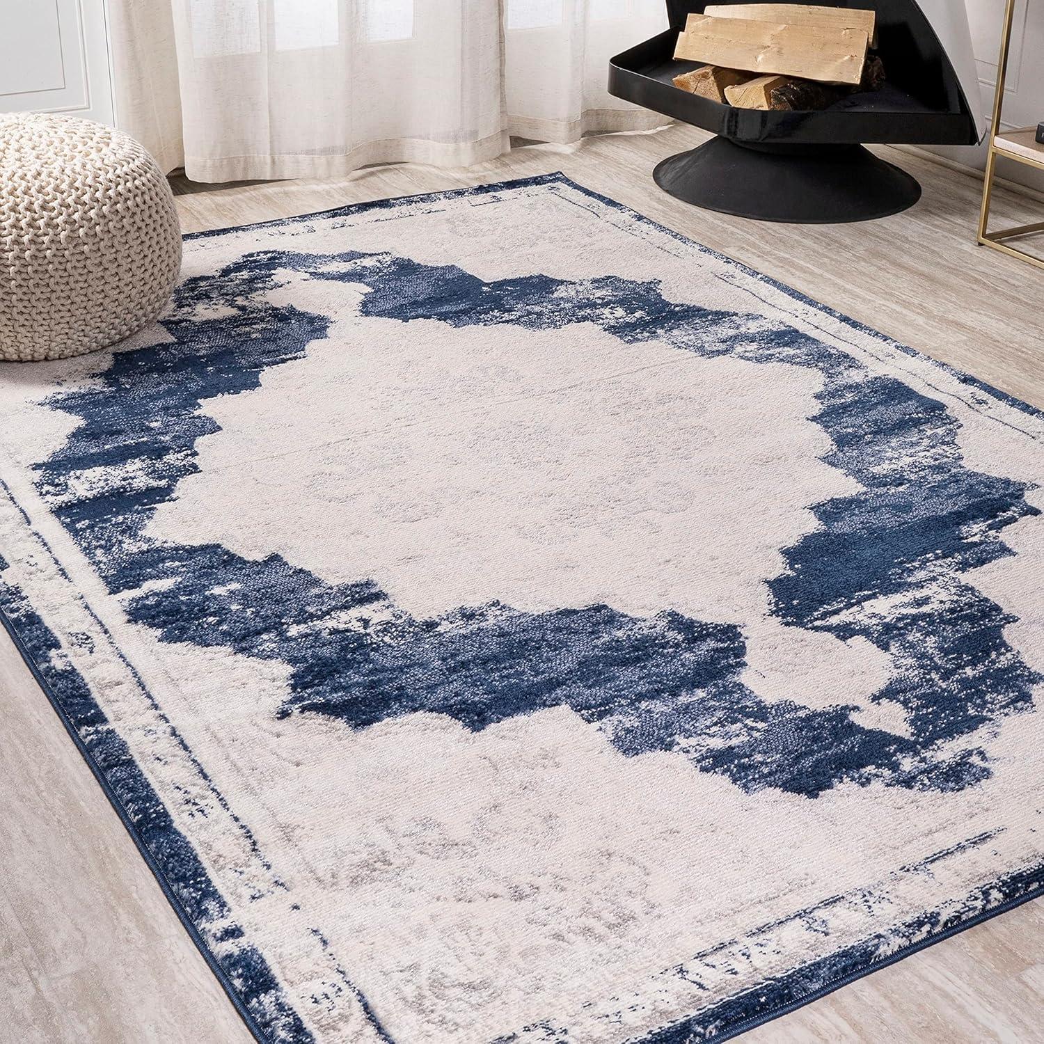 Ivory and Navy Synthetic Flat Woven 8' x 10' Area Rug