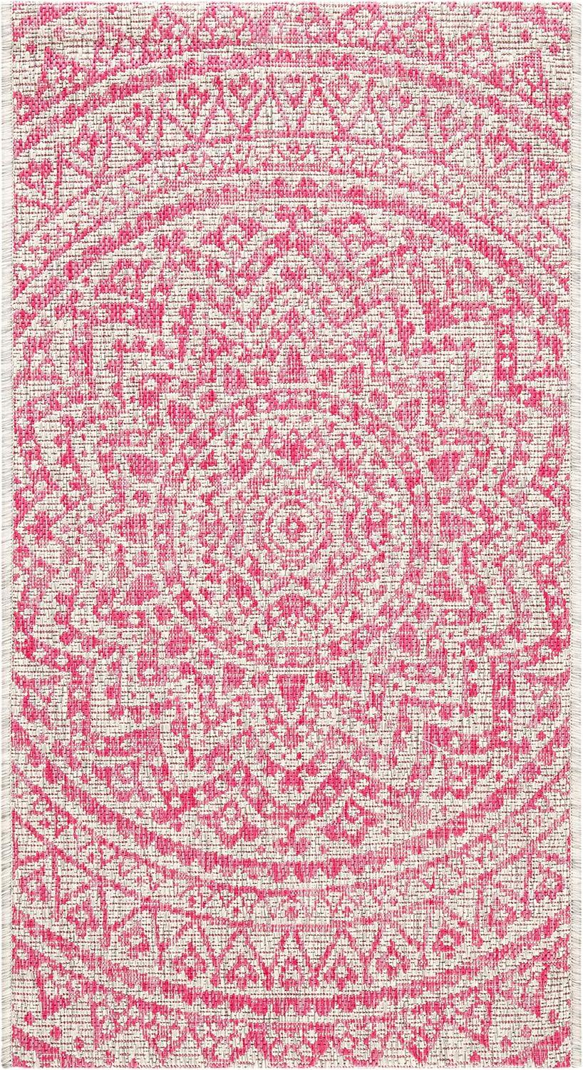 SAFAVIEH Courtyard Josiah Floral Medallion Indoor/Outdoor Area Rug, 2' x 3'7", Light Grey/Fuchsia