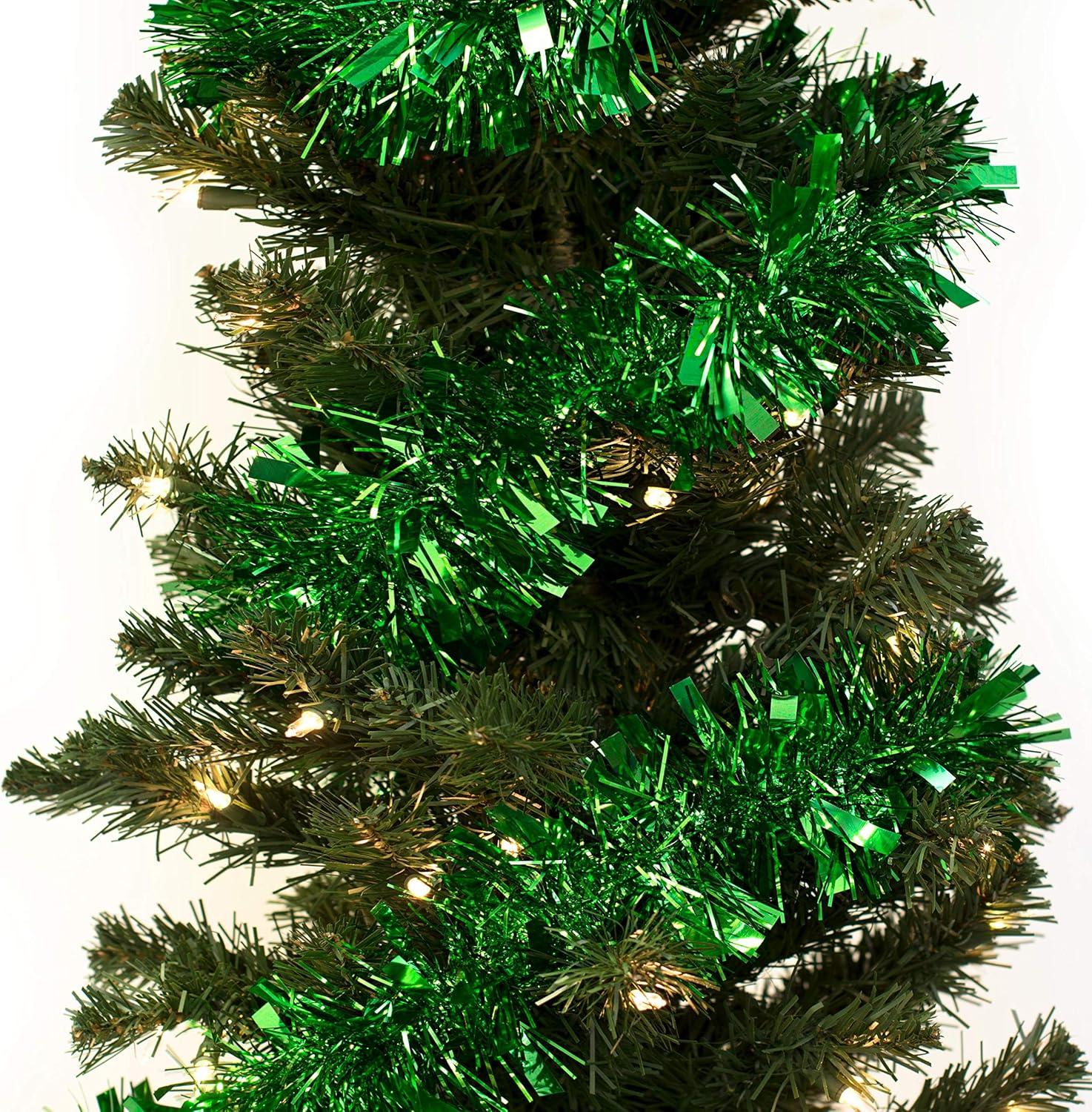 25 ft Long Roll Green Tinsel Twist Garland, Shiny Metallic Foil decorations for Parade Floats, Halloween, Christmas Eve, New Year Parties (4" x 25' roll, Green)