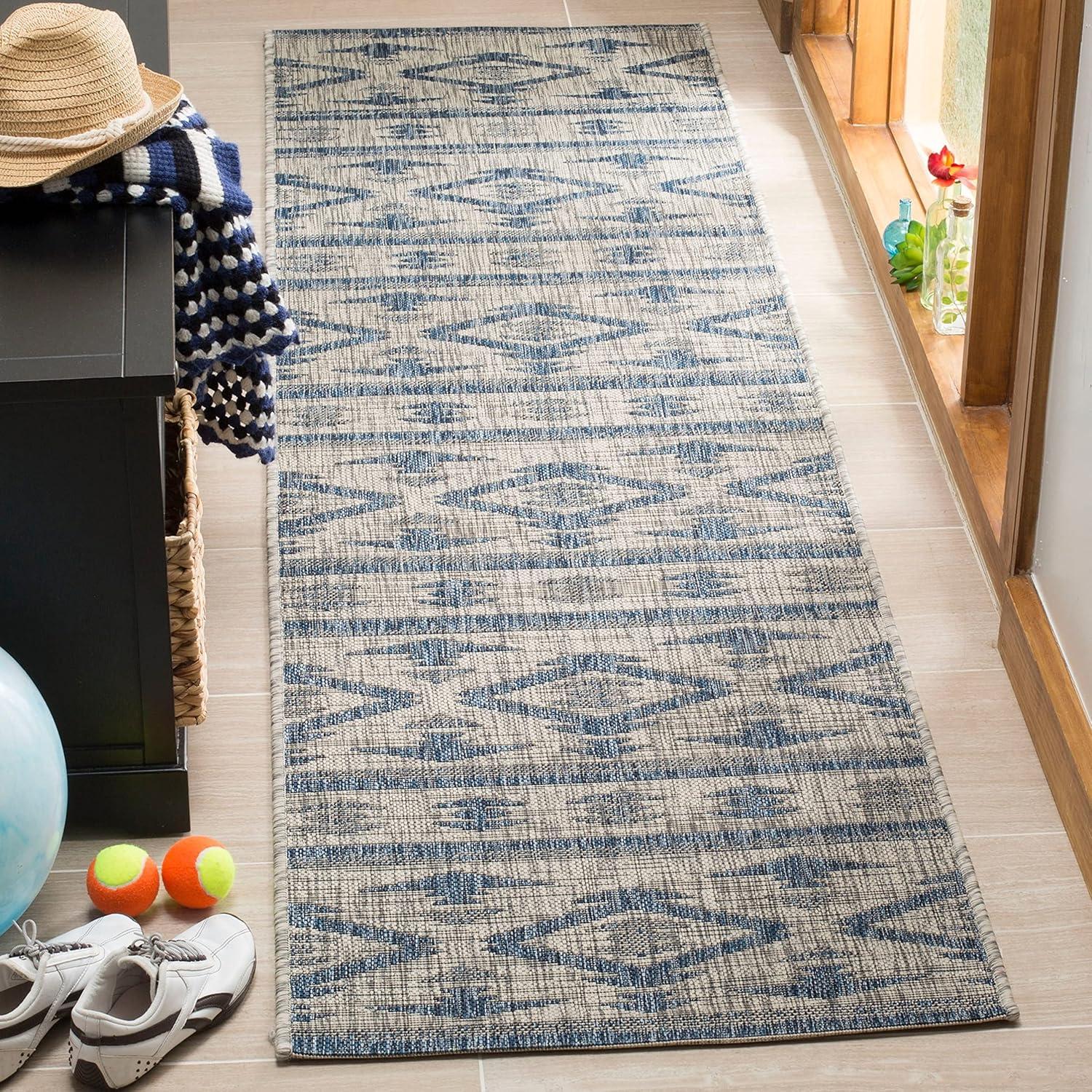 Safavieh Courtyard Tempe 9 x 12 (ft) Loomed Polypropylene Gray/Navy Rectangular Indoor/Outdoor Distressed/Overdyed Coastal Area rug