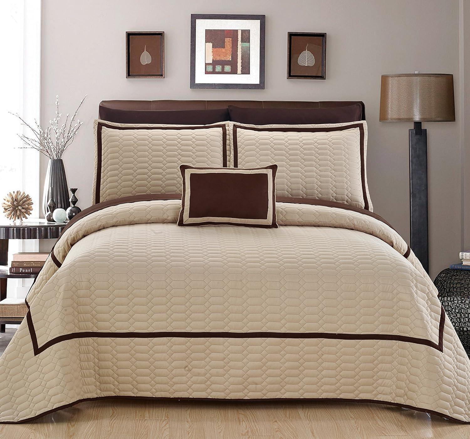 Elegant Beige Microfiber Queen Quilt Set with Geometrical Embroidery