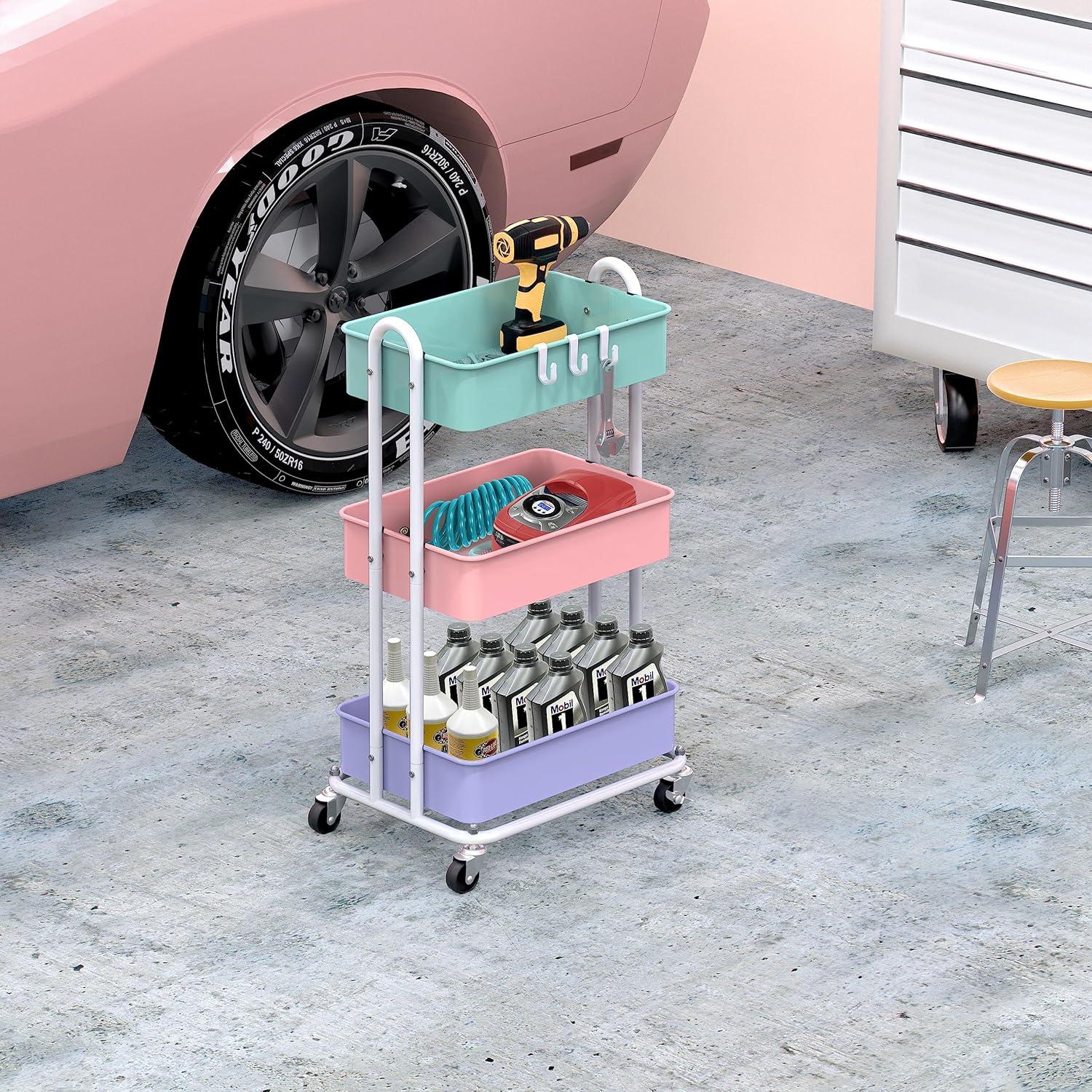 Multicolor Metal 3-Tier Utility Rolling Cart with Swivel Wheels