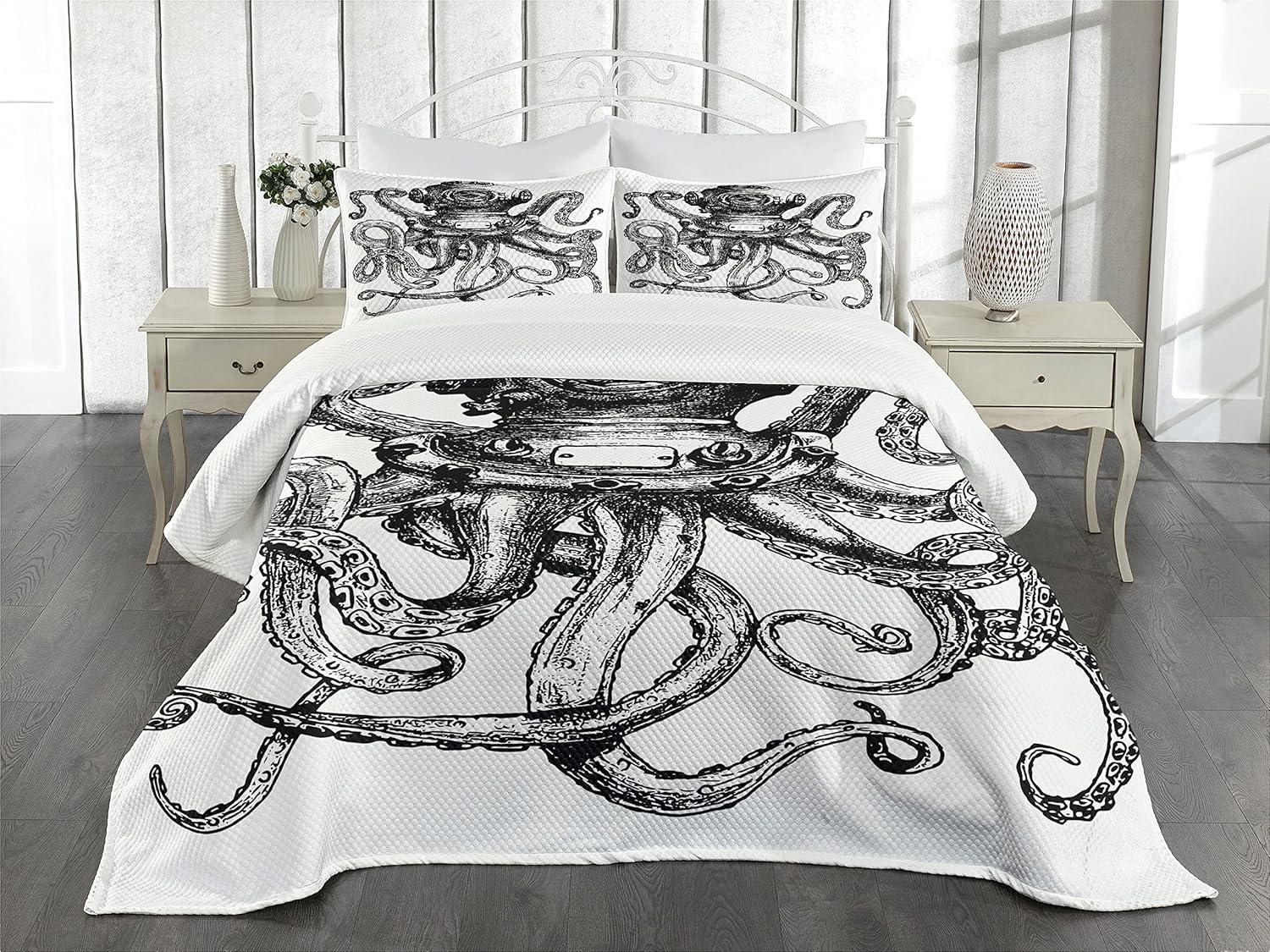 Ambesonne Octopus Bedspread Set Vintage Diver Animal Charcoal Grey and White