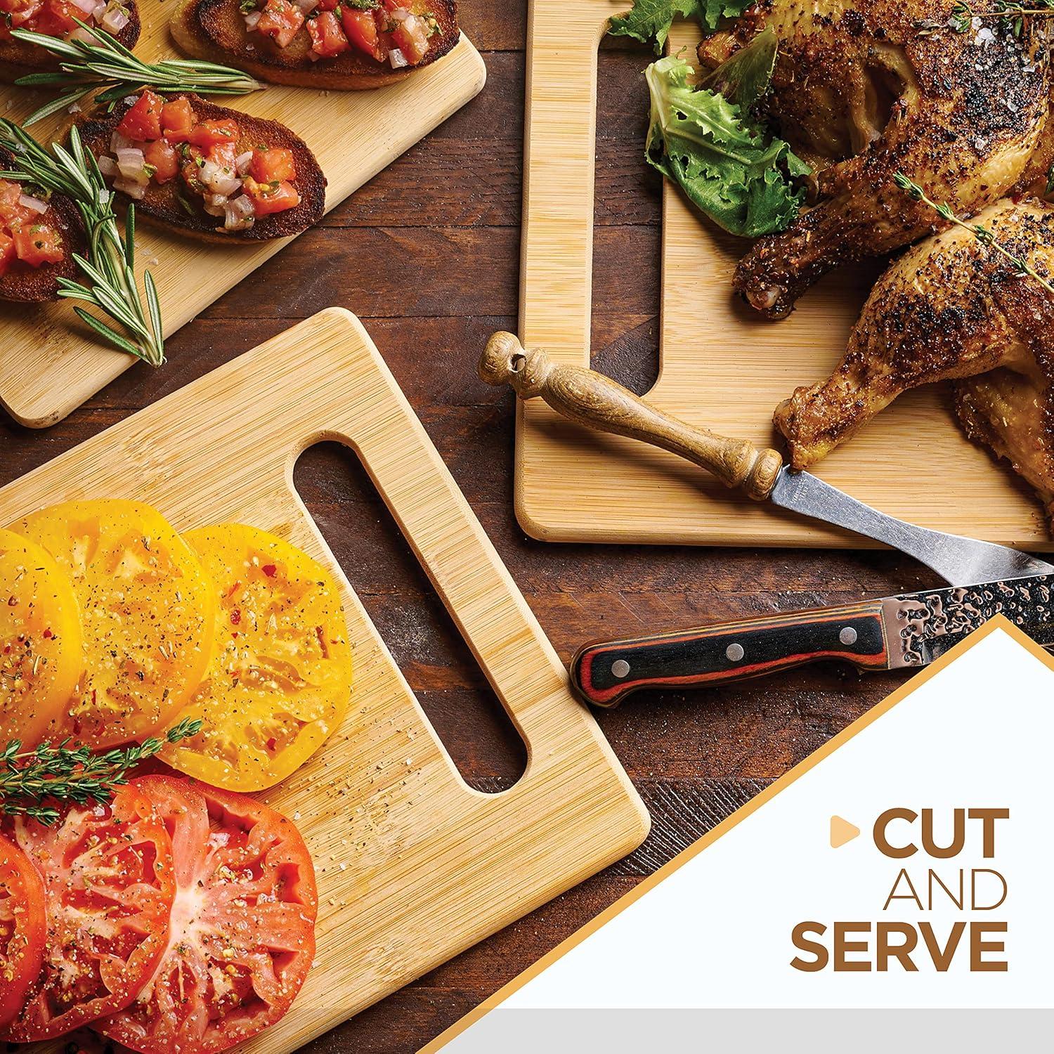 Bamboo Cutting Boards for Kitchen [Set of 3] Wood Cutting Board for Chopping Meat, Vegetables, Fruits, Cheese, Knife Friendly Serving Tray with Handles