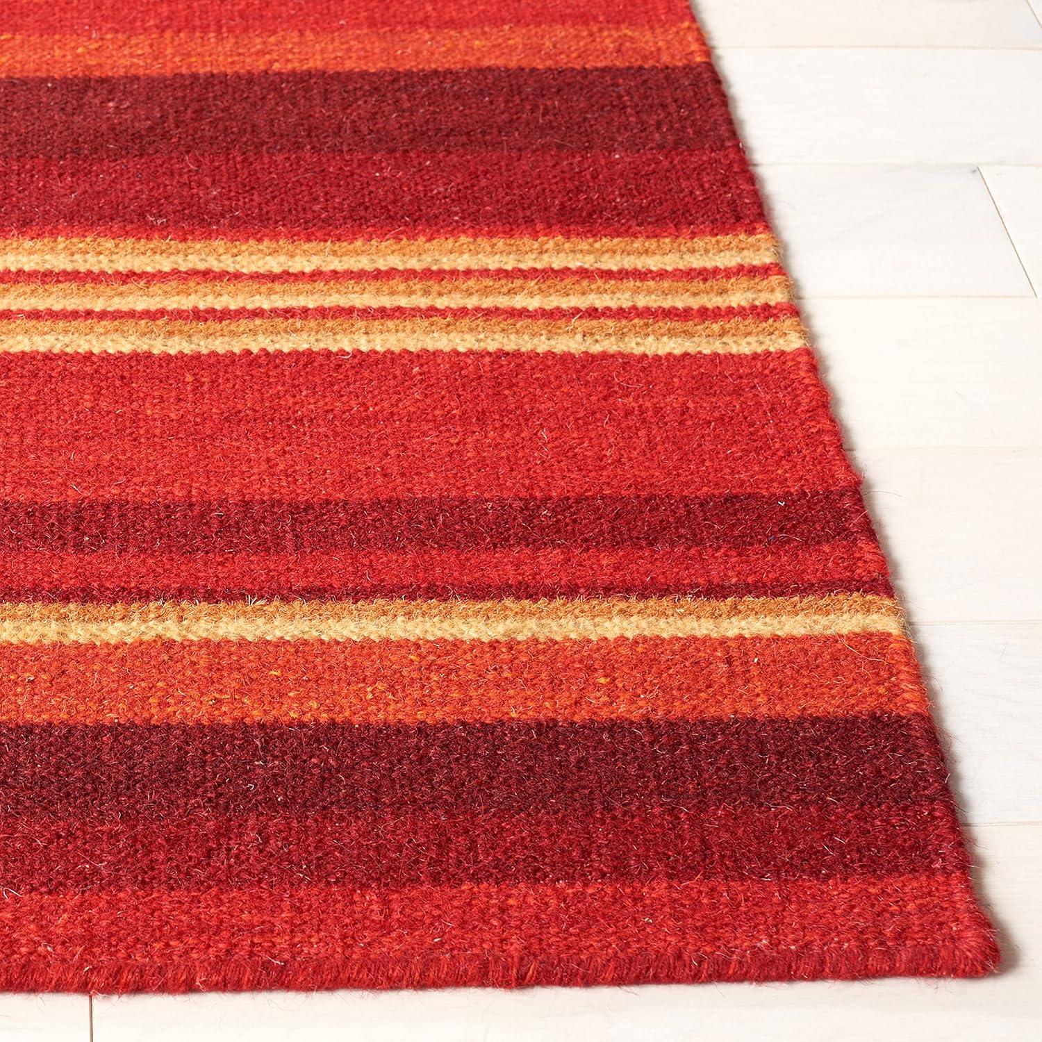 Handmade Red Wool Striped Flat Woven Rug - 3' x 5'