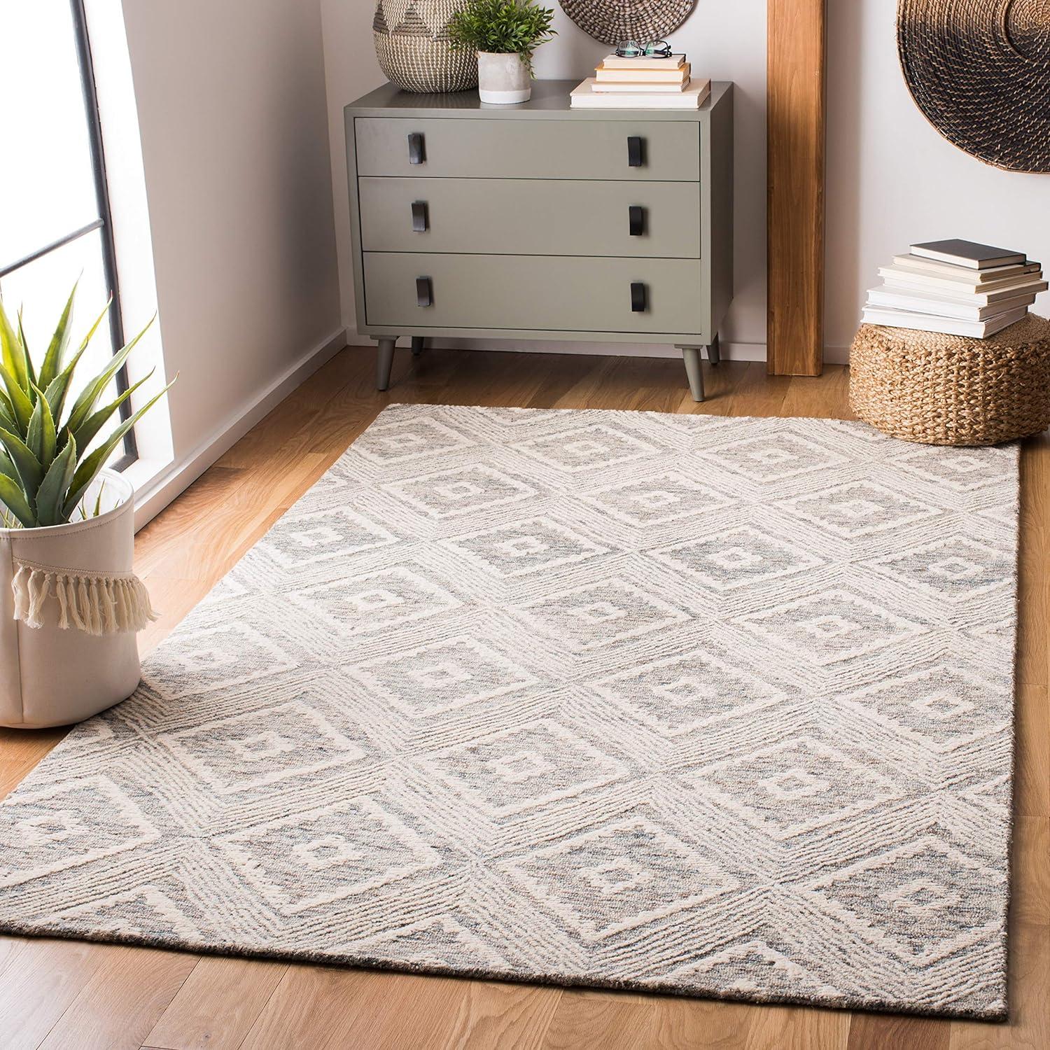 Ivory and Denim Abstract Handmade Wool Area Rug, 9' x 12'