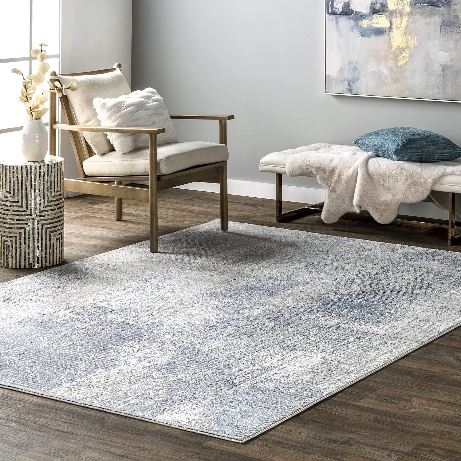 Alice Blue and Gray Abstract Synthetic Area Rug