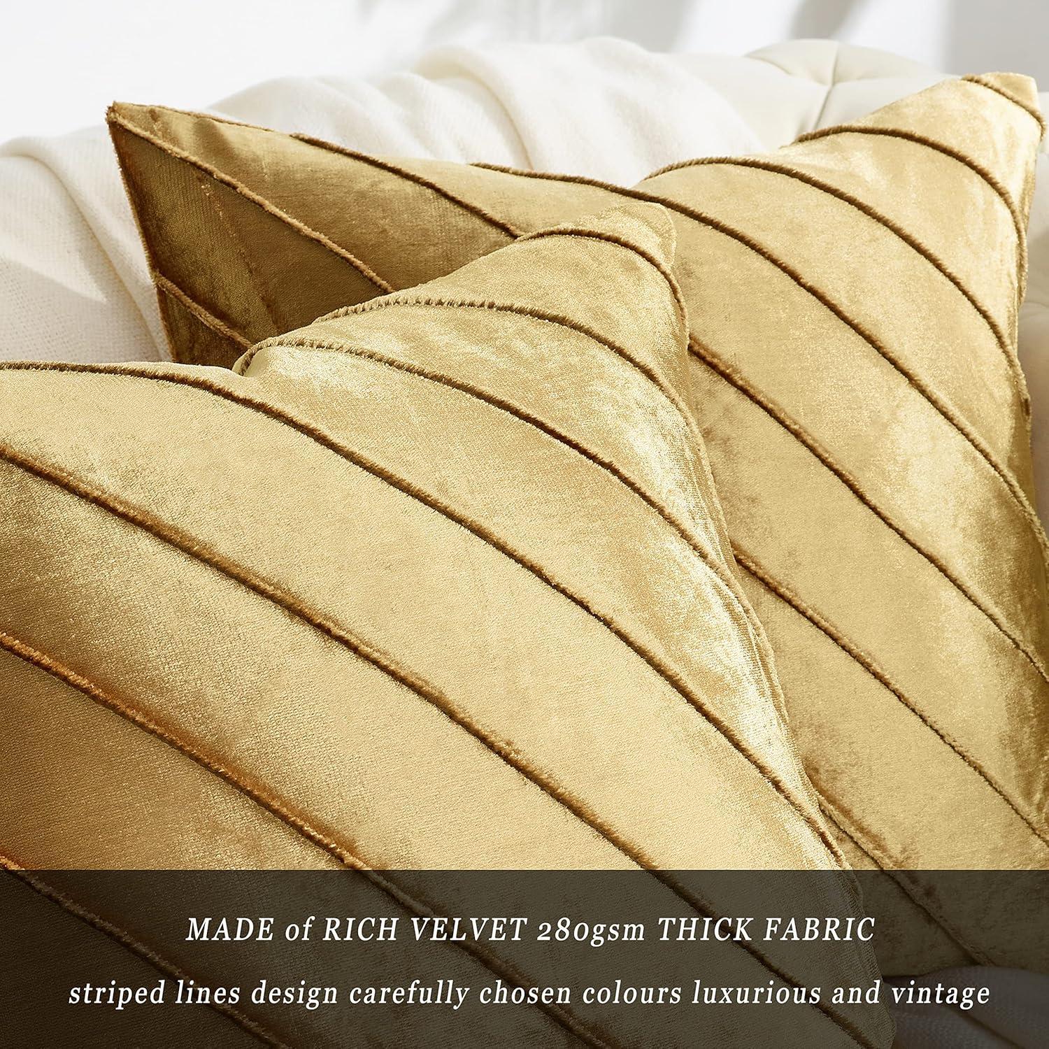 Gold Stripe Velvet Cushion Covers - Set of 2 | 18x18 Sofa Throw Pillow Cases | Decorative Living Room Couch Accent Covers