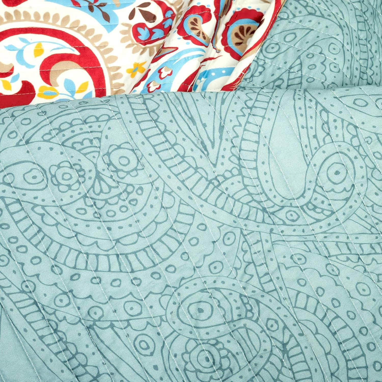 Lush Decor Boho Chic Reversible Oversized Cotton Quilt Seafoam/Red 3Pc Set Full/Queen