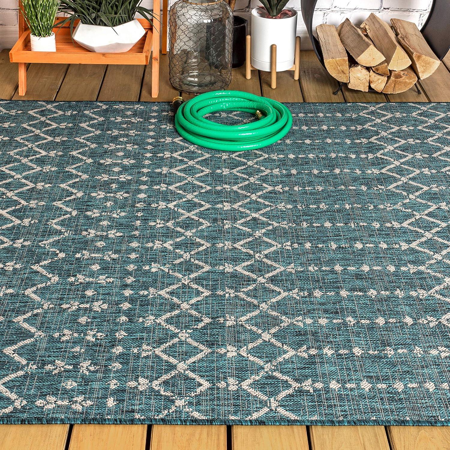 5'x8' Ourika Moroccan Geometric Textured Weave Indoor/Outdoor Area Rug, Teal/Gray - JONATHAN Y