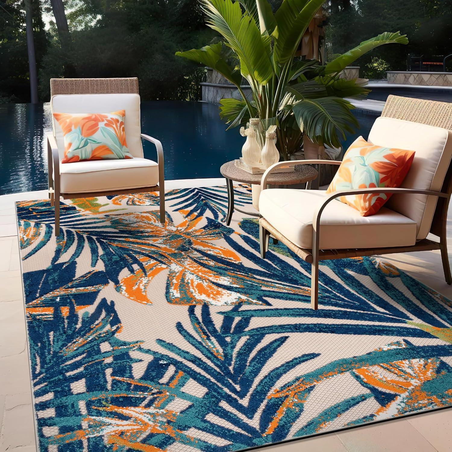 Rugshop Tropical Floral Leaves Indoor/Outdoor Area Rug Durable Polypropylene, Non-Shedding, Easy to Clean, Perfect for Patio, Backyard, Deck and Outdoor Lounge, High Traffic Areas, 3'3" x 5'