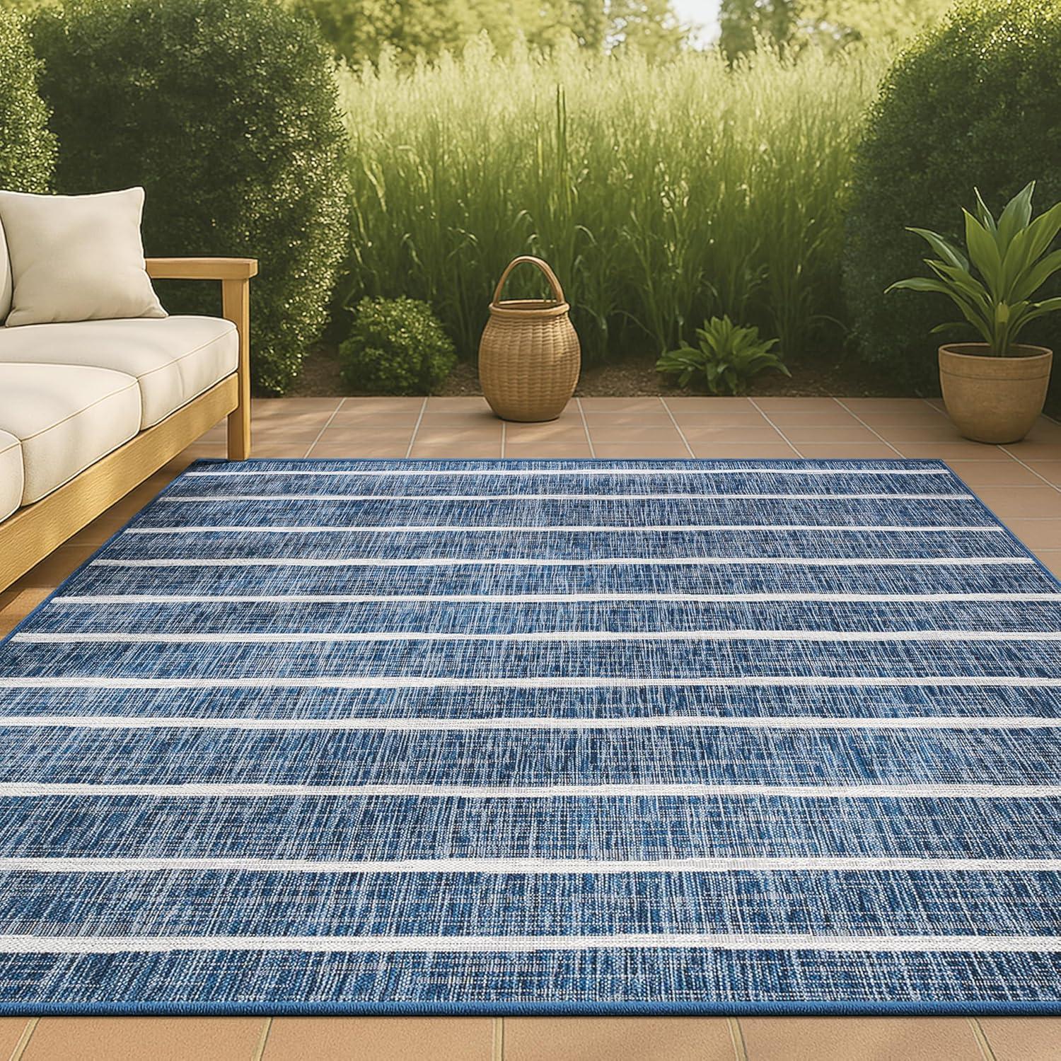 8'x10' Colonia Berber Stripe Indoor/Outdoor Area Rug, Blue/Ivory - JONATHAN Y