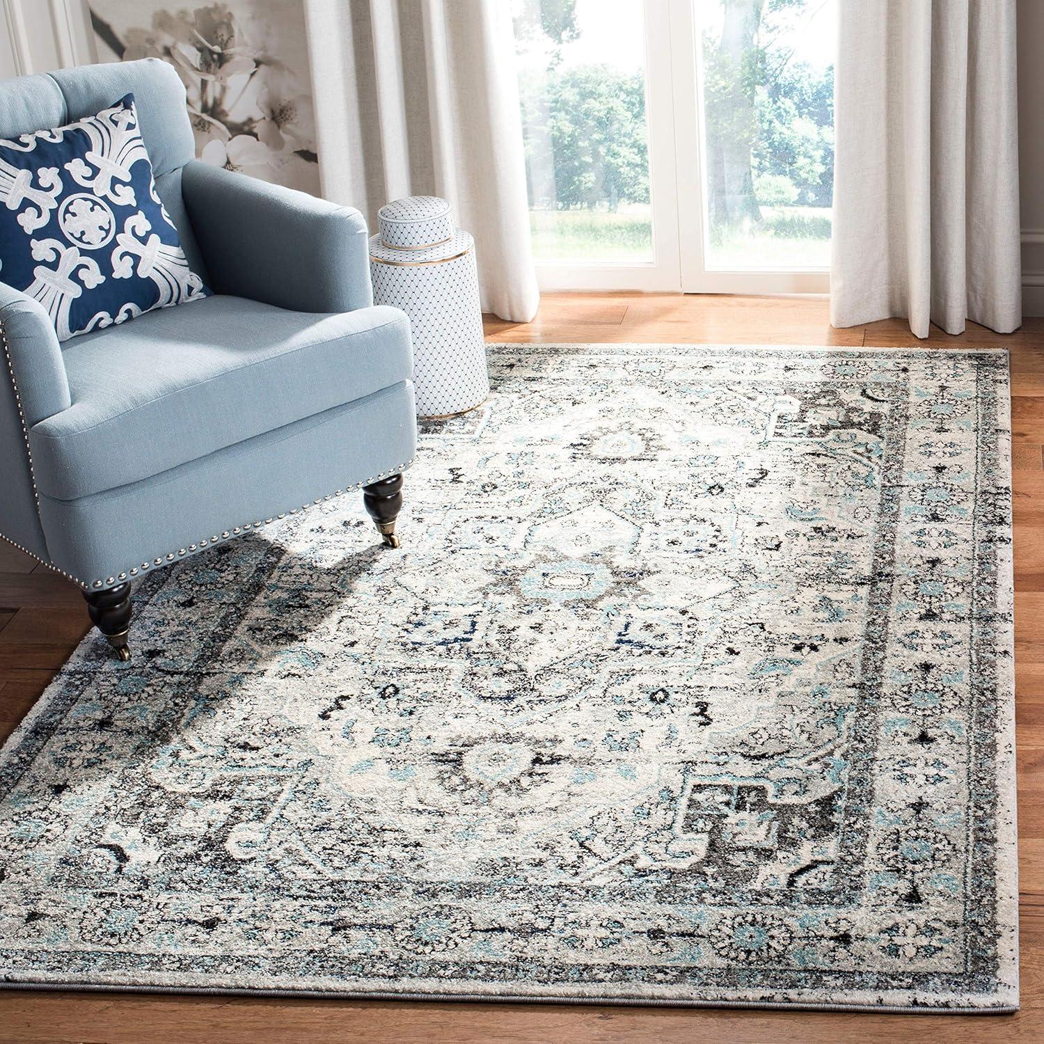 Light Grey and Blue Rectangular Synthetic Area Rug