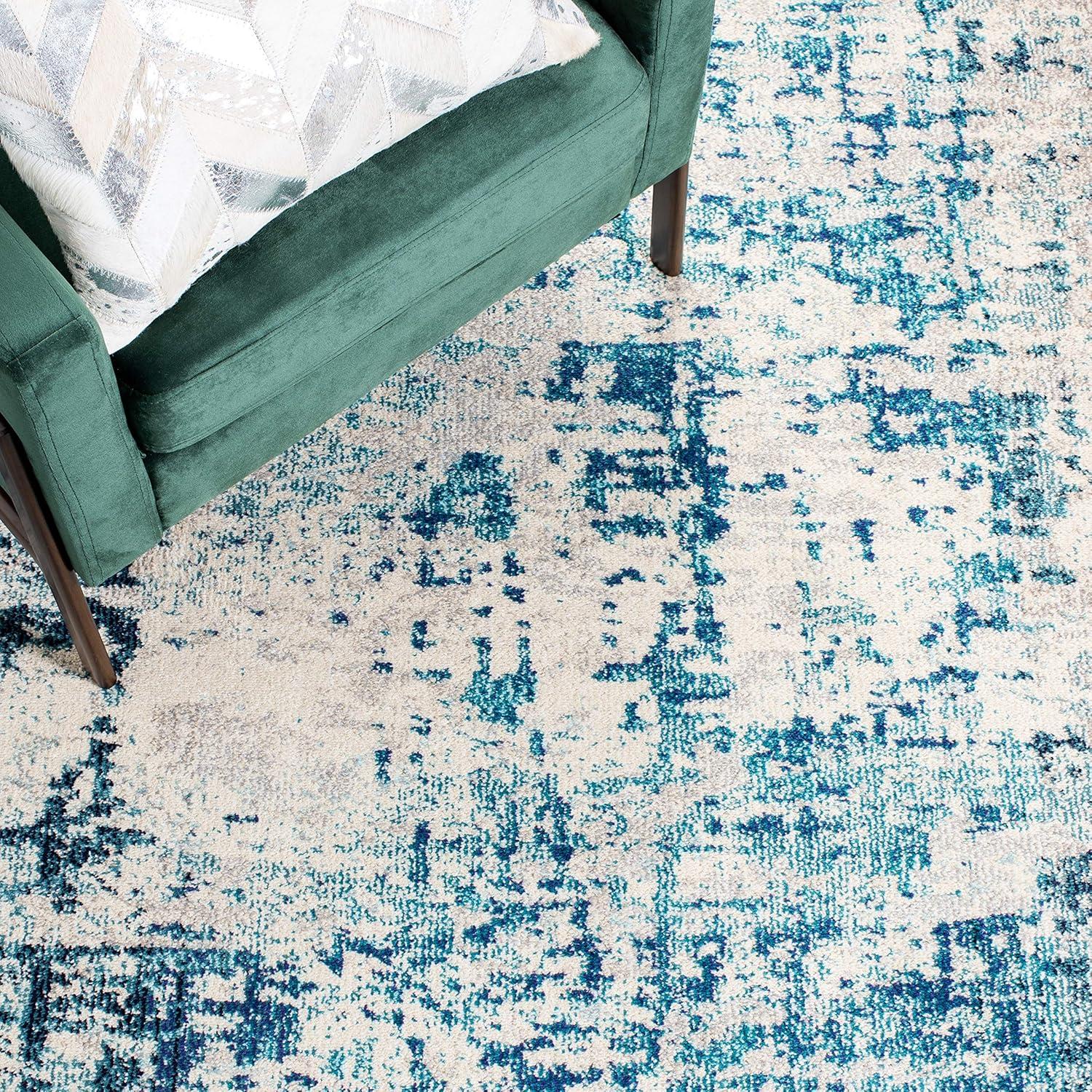 Ivory and Turquoise Square Abstract Synthetic Area Rug