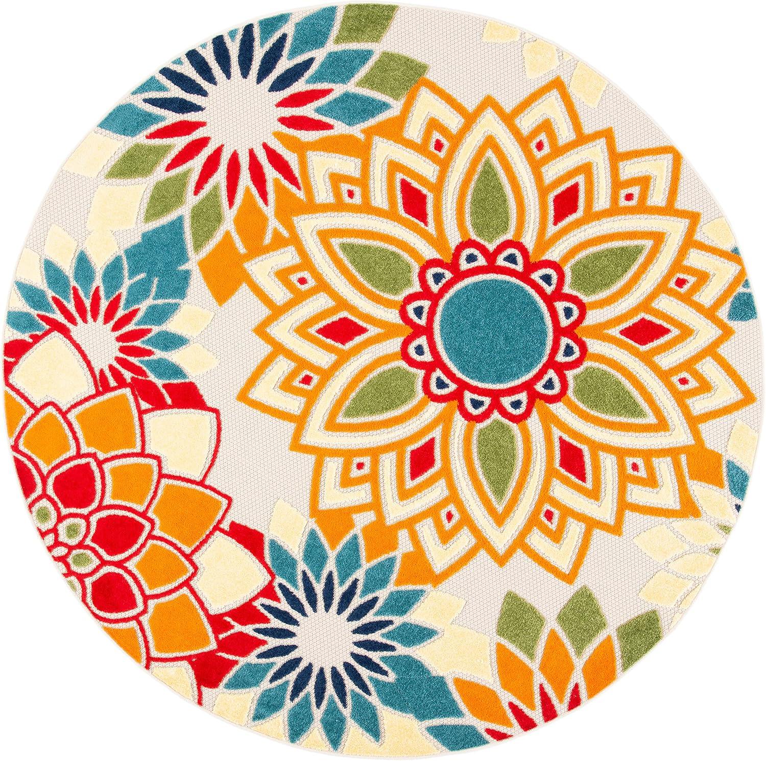 SAFAVIEH Cabana Molly Floral Indoor/Outdoor Area Rug, Ivory/Orange, 4' x 4' Round
