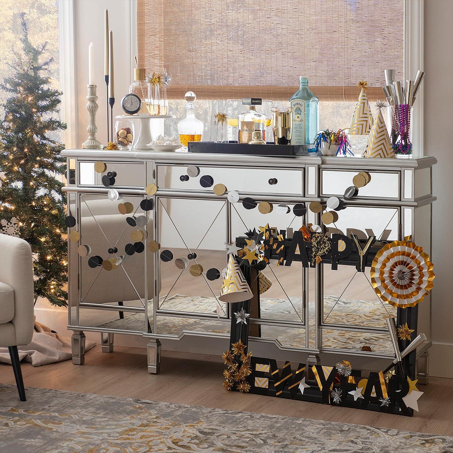 Silver Mirrored Glass TV Stand with Storage Drawers and Doors