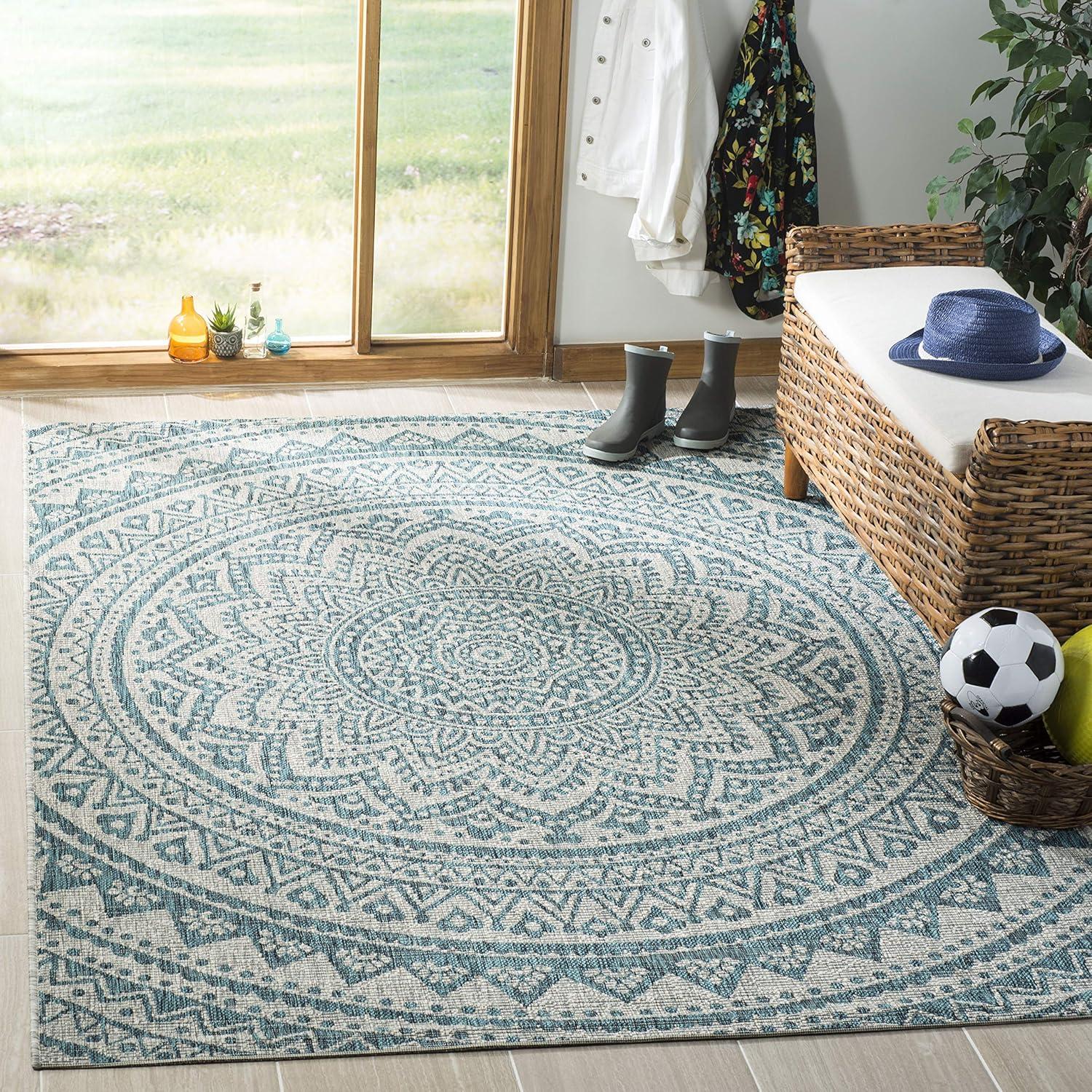 Courtyard CY8734 Power Loomed Indoor and Outdoor Accent Rug - Light Grey/Teal - 3'x3' - Safavieh