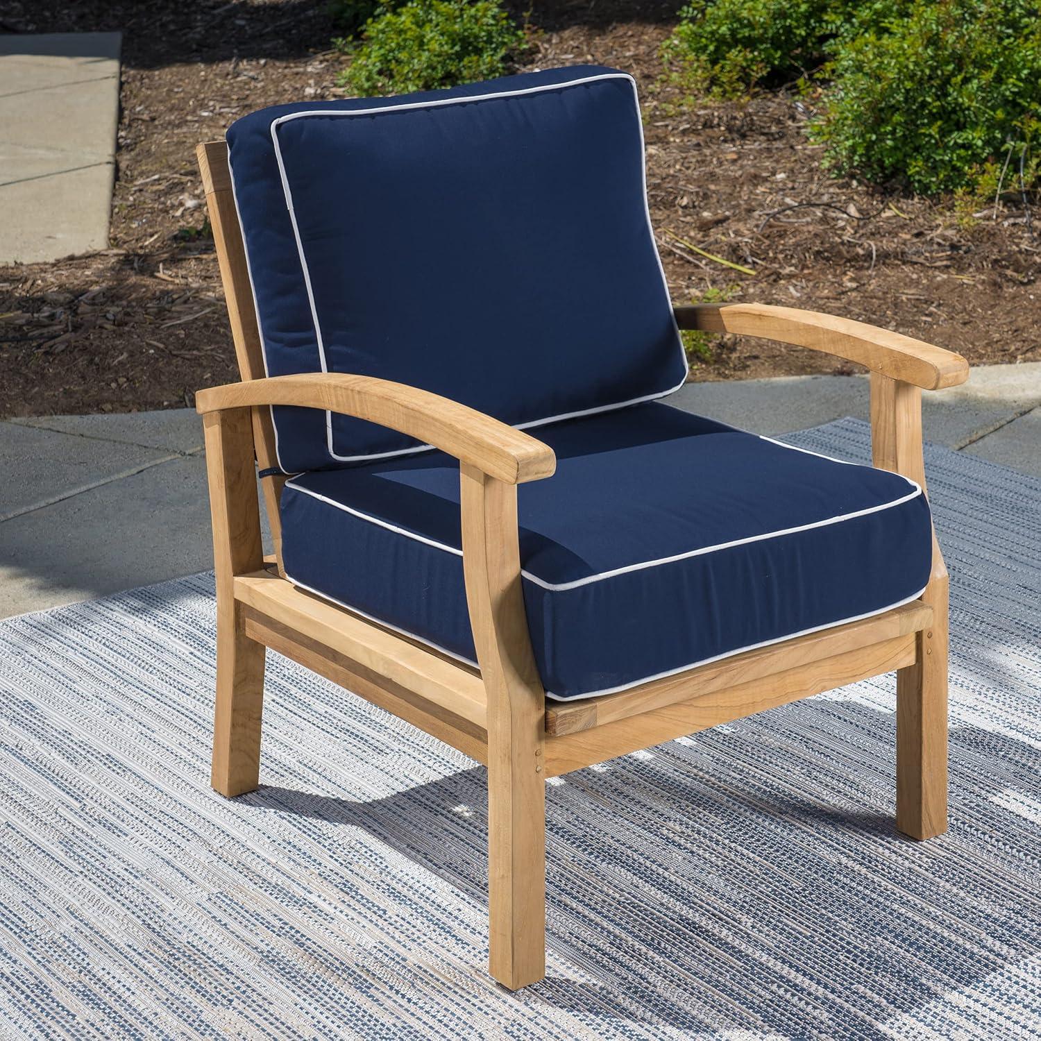 Jakarta Teak 4 Piece Club Chair and Ottoman Set with 2 Club Chairs and 2 Ottomans, Navy Cushions