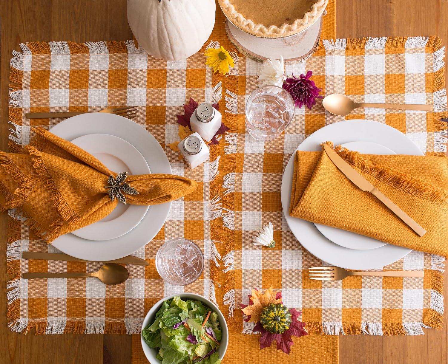 Pumpkin Spice Checkered Cotton Fringed Placemats, Set of 6