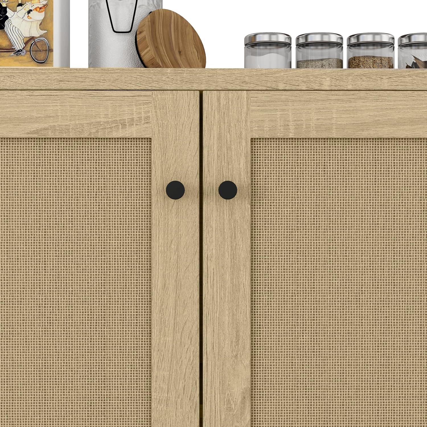 Natural Rattan Decorated Wooden Storage Cabinet with Dual Doors