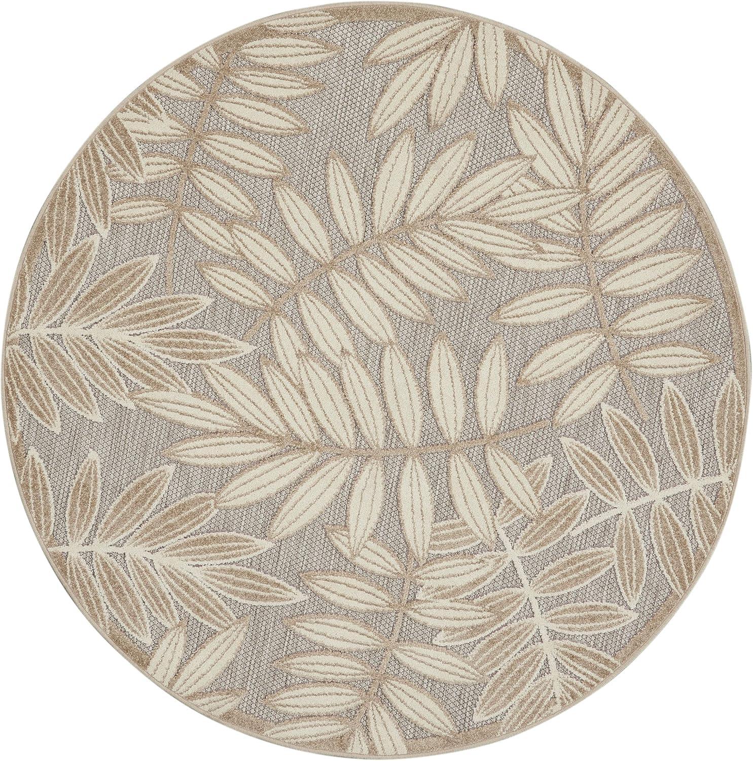 Nourison Aloha Floral Leaf Flatweave High-Low Indoor Outdoor Round Rug Natural 5'3" x 5'3"