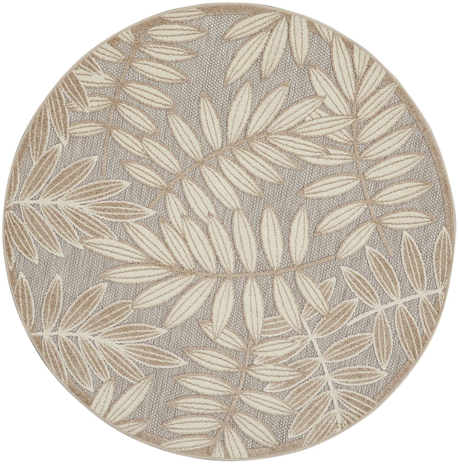 Nourison Aloha Floral Leaf Flatweave High-Low Indoor Outdoor Round Rug Natural 5'3" x 5'3"