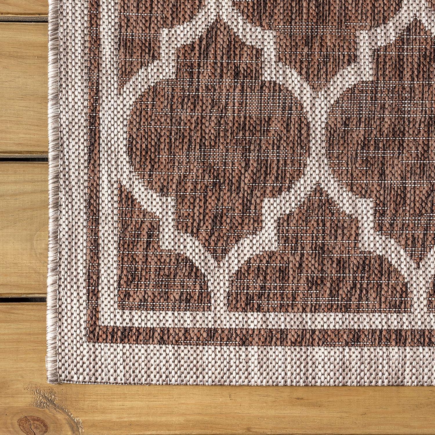 5' Round Trebol Moroccan Trellis Textured Weave Indoor/Outdoor Area Rug, Espresso/Taupe - JONATHAN Y