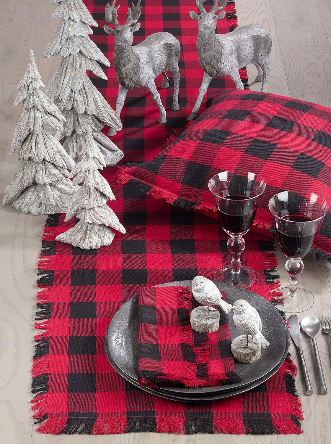 16"x72" Buffalo Plaid Classic Design Casual Fringed Cotton Table Runner Red - Saro Lifestyle