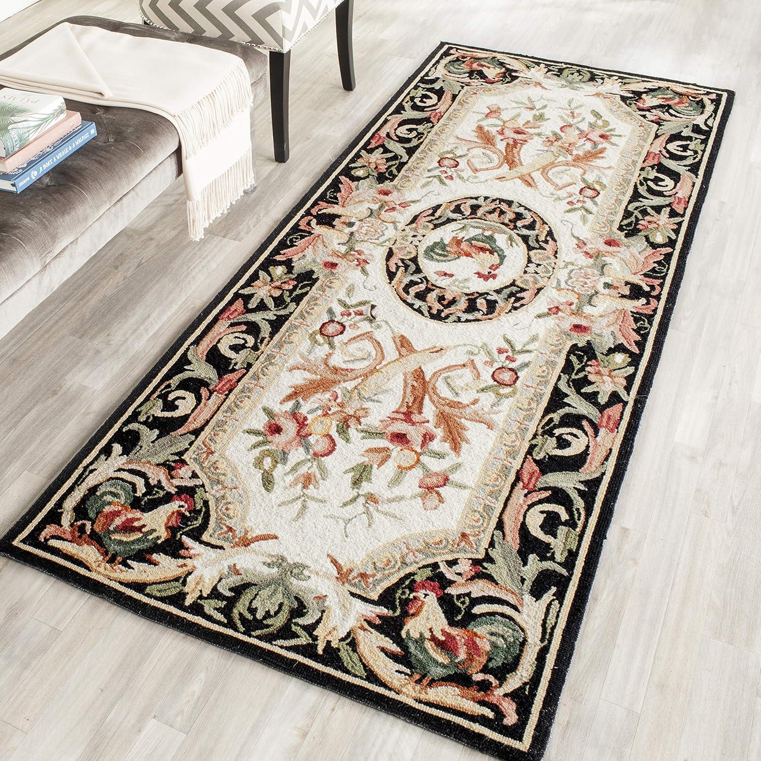 Ivory and Black Hand-Knotted Wool Runner Rug