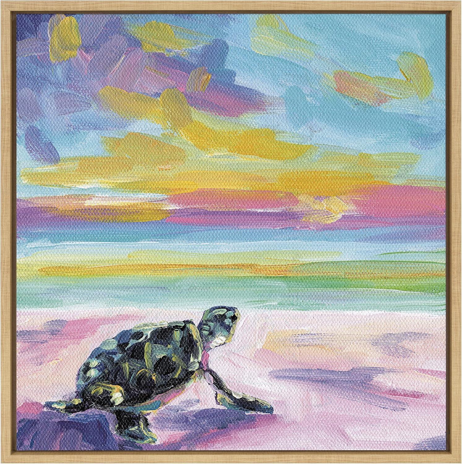 Kate and Laurel Sylvie Sunset Sea Turtle Framed Canvas by Rachel Christopoulos, 22x22, Natural