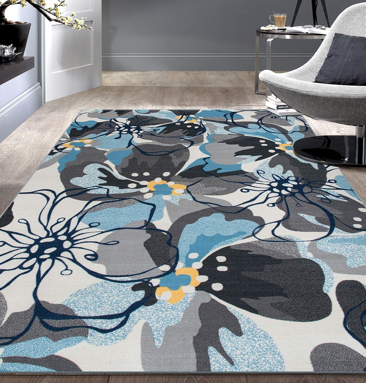 World Rug Gallery  Modern Floral Non-Slip Area Rug Ivory, Blue, Grey 6'6"x9' Pet Friendly, Stain Resistant, Non Slip 6' x 9', 7' x 9' Indoor Living