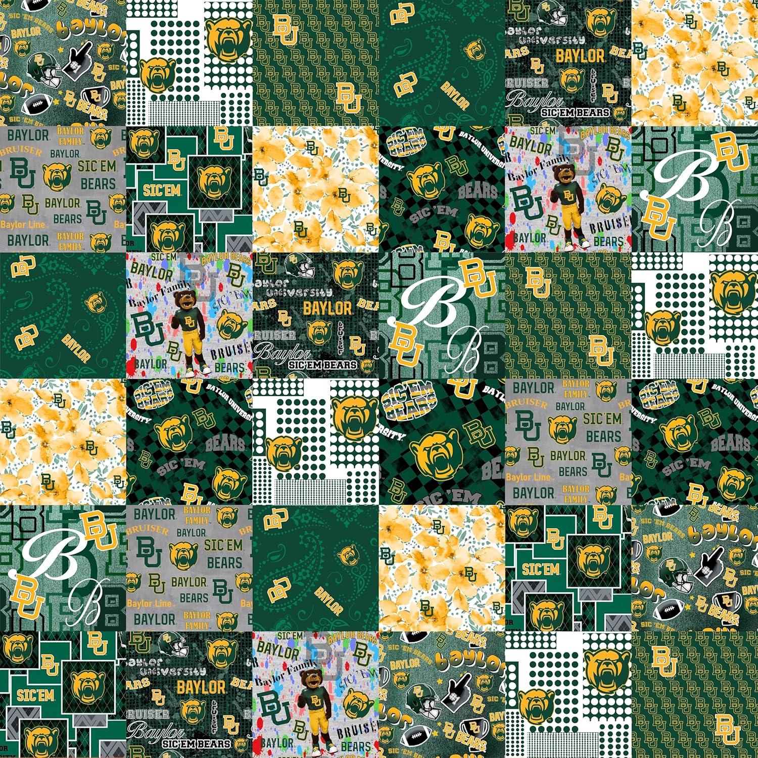 Official Licensed Baylor University Cheater Quilt Printed Cotton Fabric-Baylor Bears Cotton Fabric with Patchwork Cheater Quilt Print-60” Width