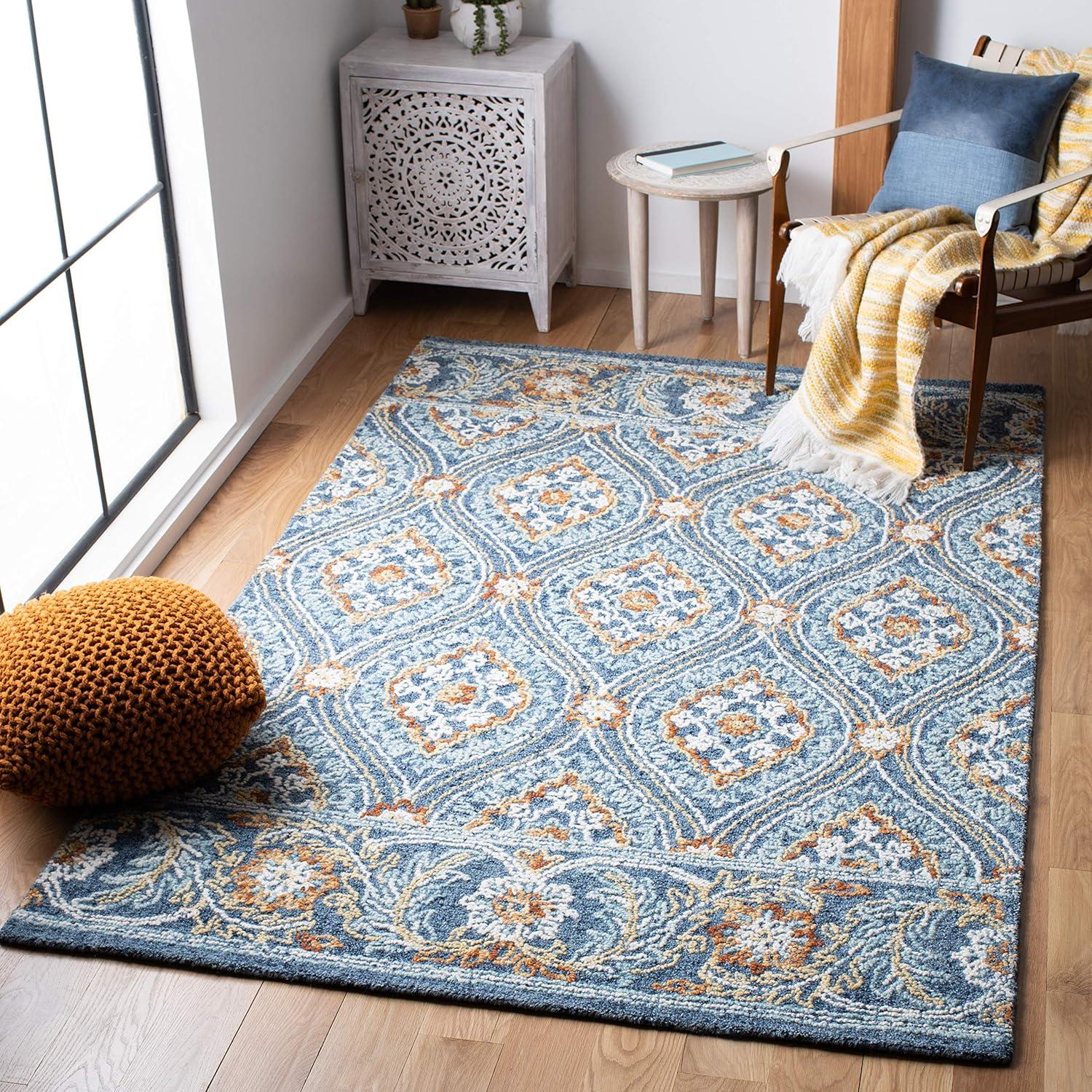 Handmade Floral Navy & Yellow Wool Area Rug 5' x 8'