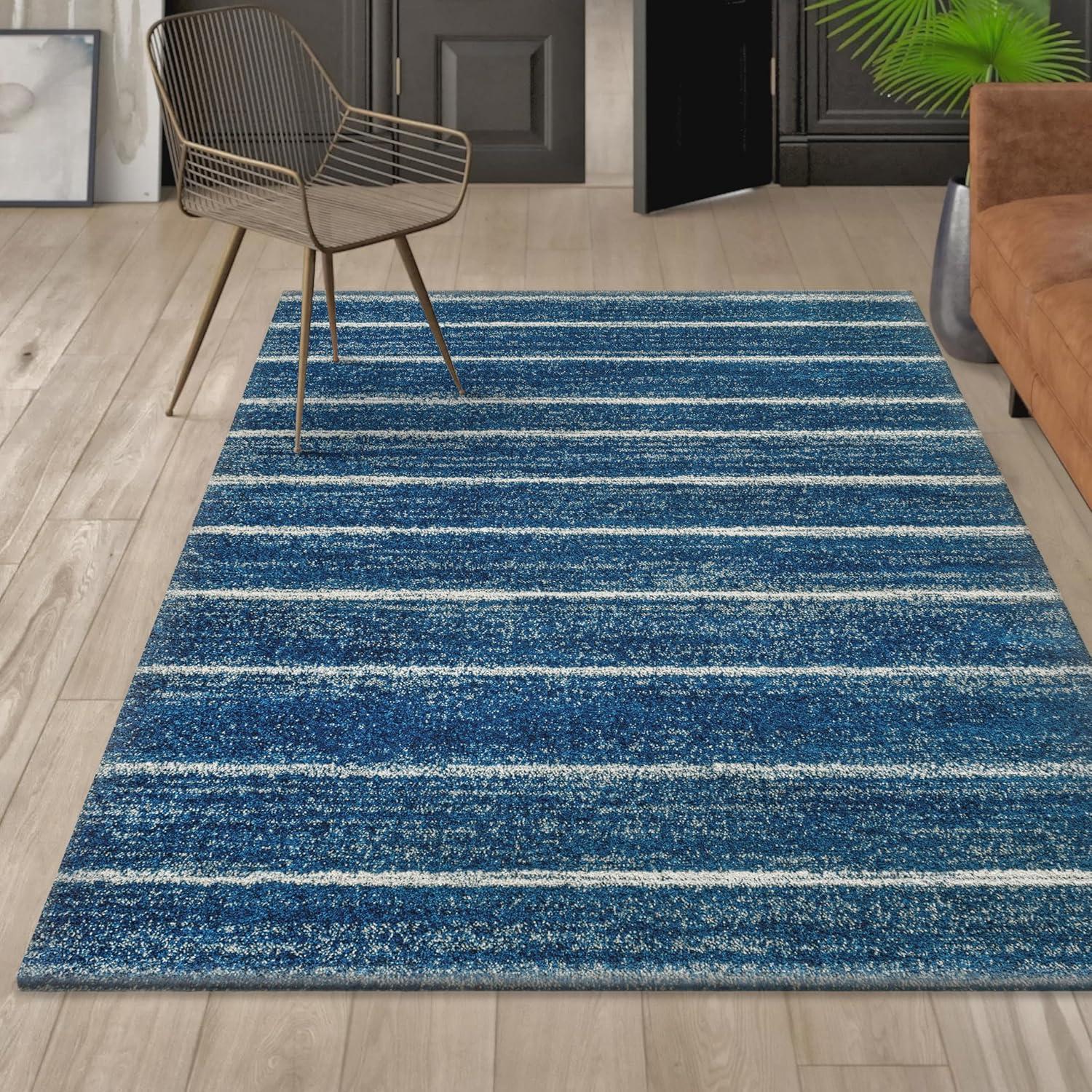 Navy and Cream Rectangular Striped Synthetic Area Rug 3' x 5'