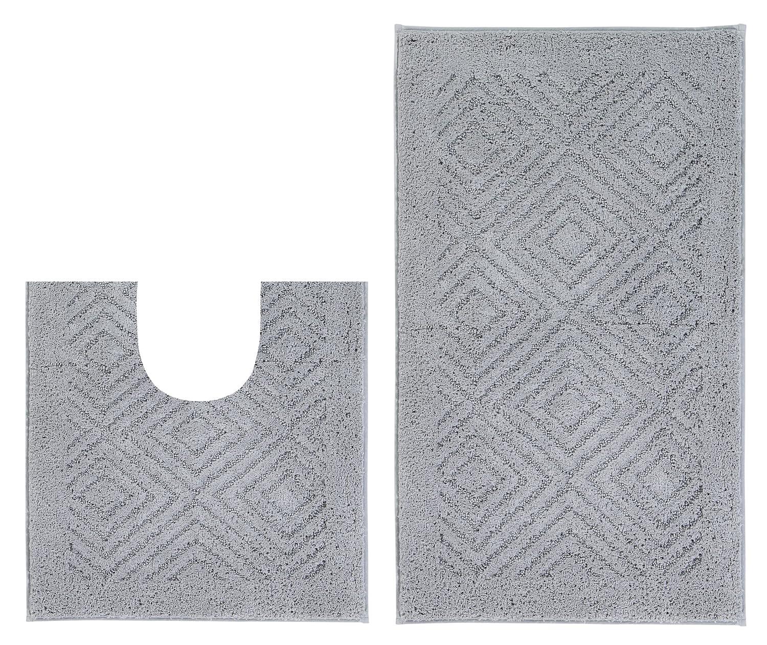 Silver Diamond Pattern Cotton Non-Slip Washable Bath Mat Set