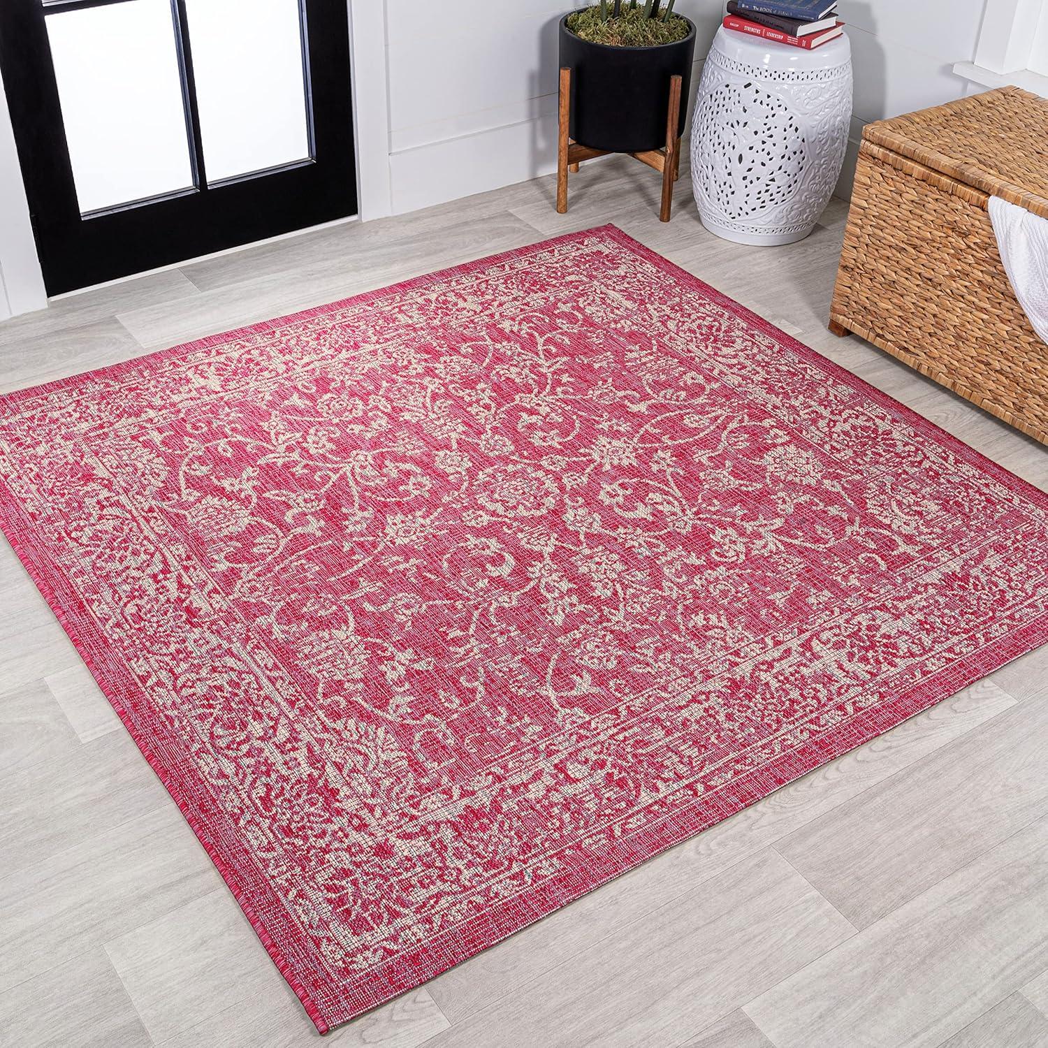5' x 5' Tela Bohemian Inspired Textured Weave Floral Indoor/Outdoor Area Rug, Fuchsia/Light Gray - JONATHAN Y