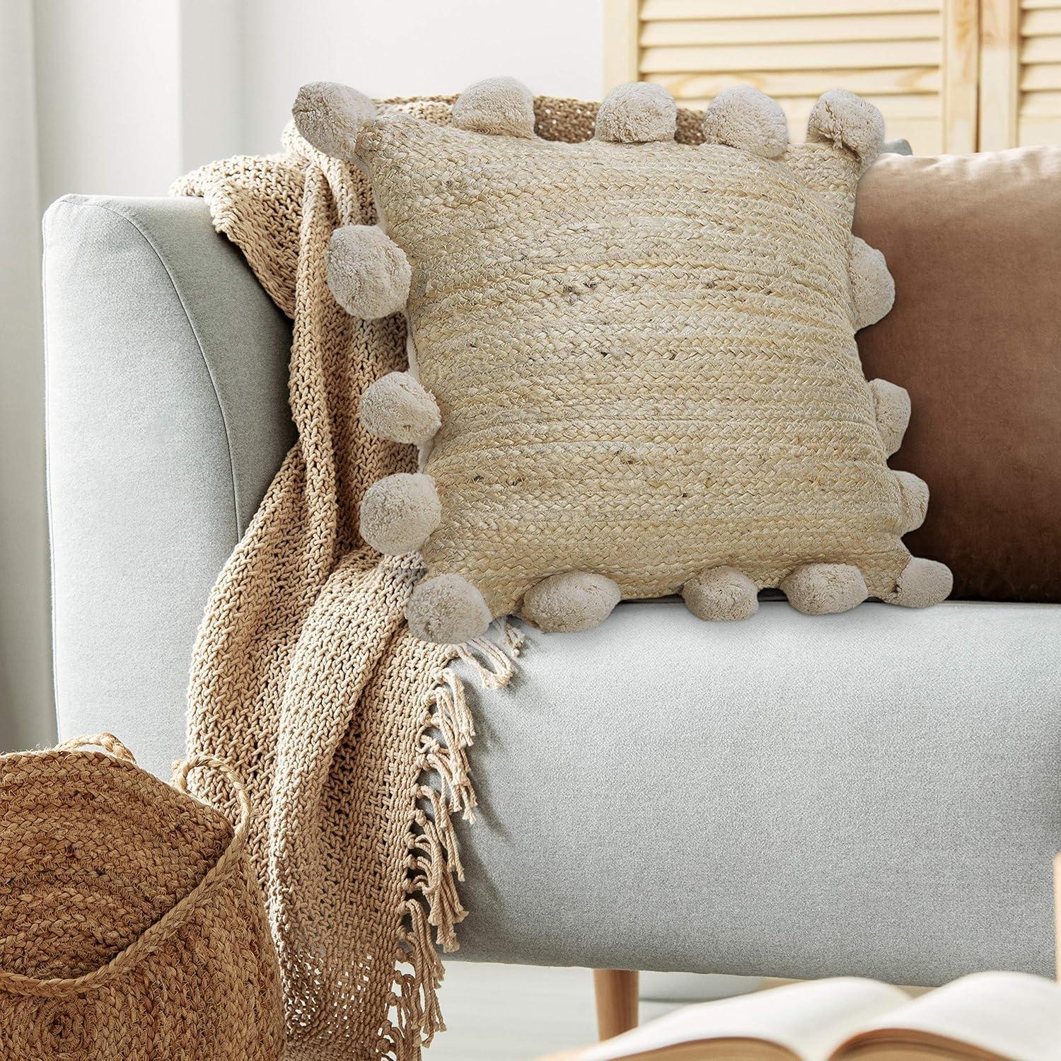 Natural Jute Square Throw Pillow with Pom Pom Border, 20" x 20"