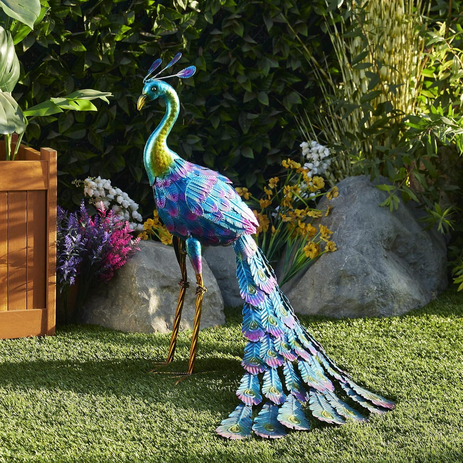 22" Metal Feather Spread Peacock Outdoor Decor Statue - Alpine Corporation: Lawn Accent, No Battery Required