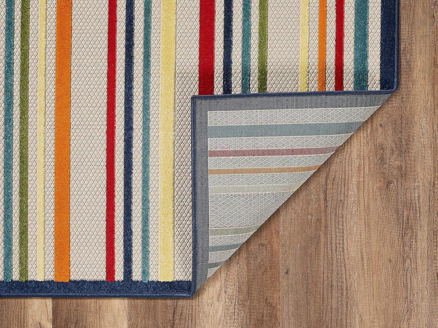 Ivory and Multicolor Striped Synthetic Medium Rug