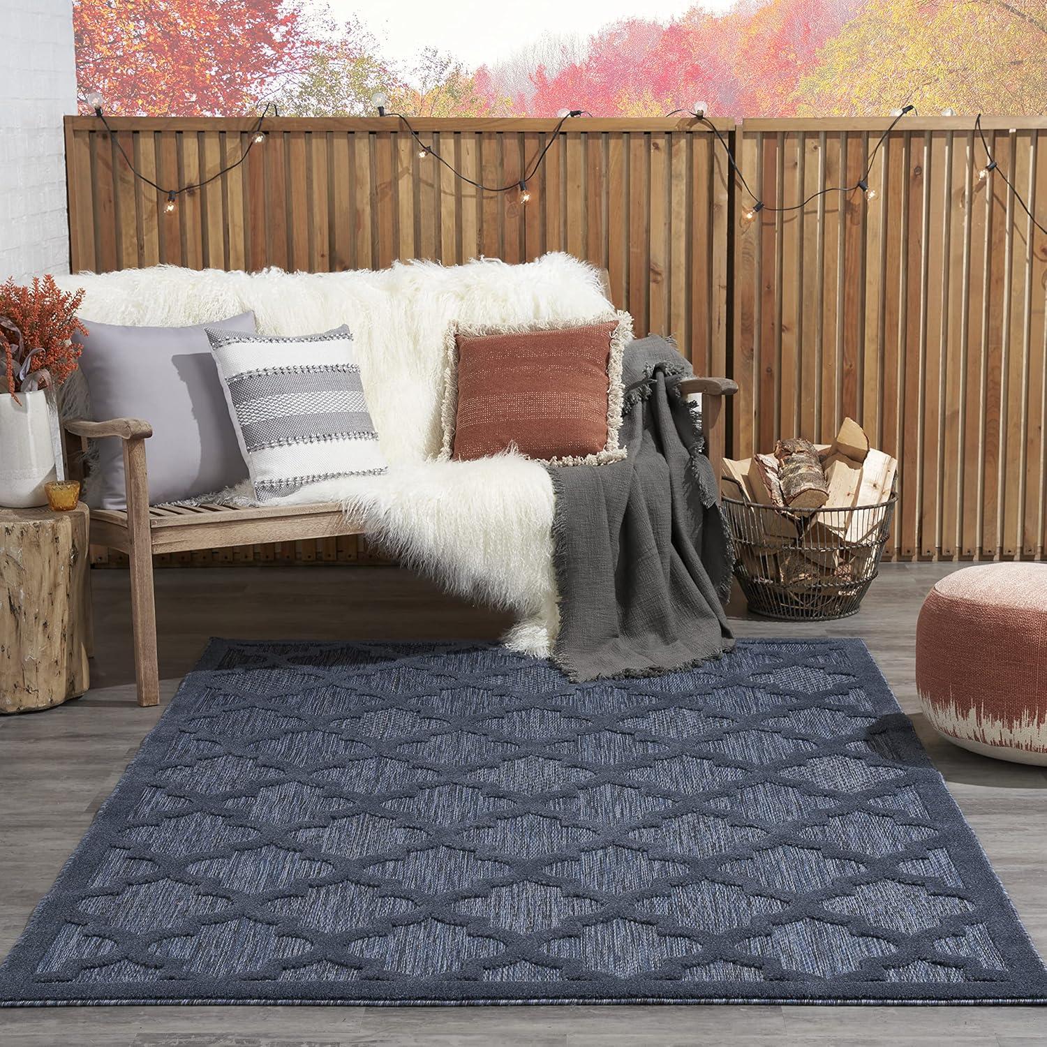 Nourison Easy Care Trellis Flatweave Indoor Outdoor Area Rug 5' x 7' Navy Blue