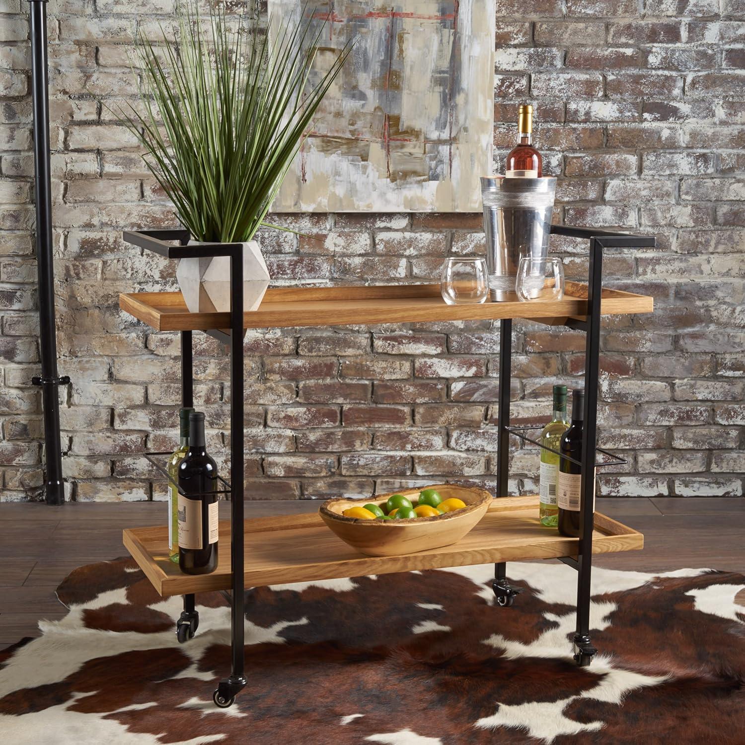 Gerard Natural Wood and Iron Industrial Bar Cart with Storage