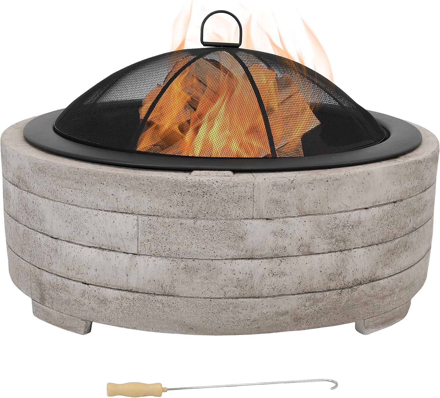 Sunnydaze Outdoor Large Round Faux Stone Fire Pit with Handles, Log Poker, and Spark Screen - 35" - Gray