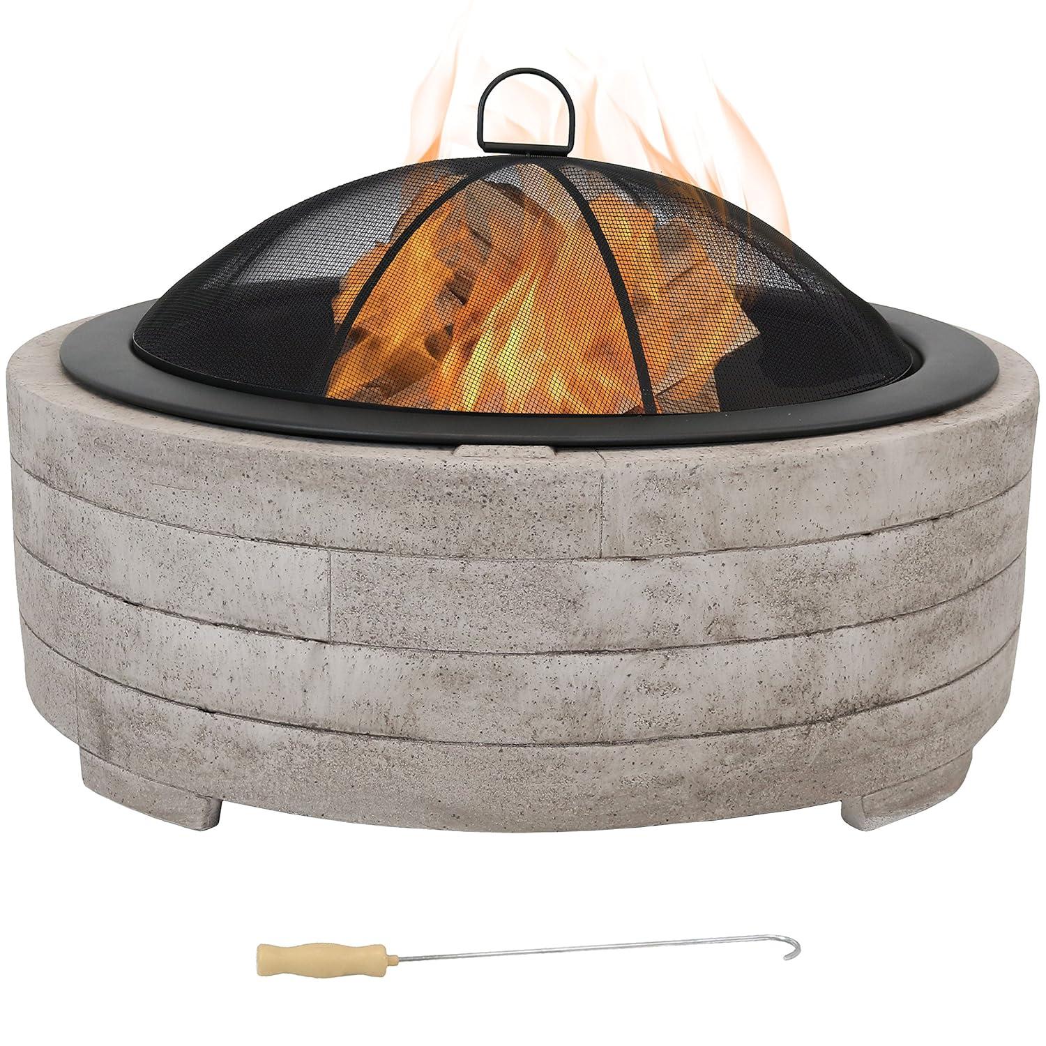Sunnydaze Outdoor Large Round Faux Stone Fire Pit with Handles, Log Poker, and Spark Screen - 35" - Gray