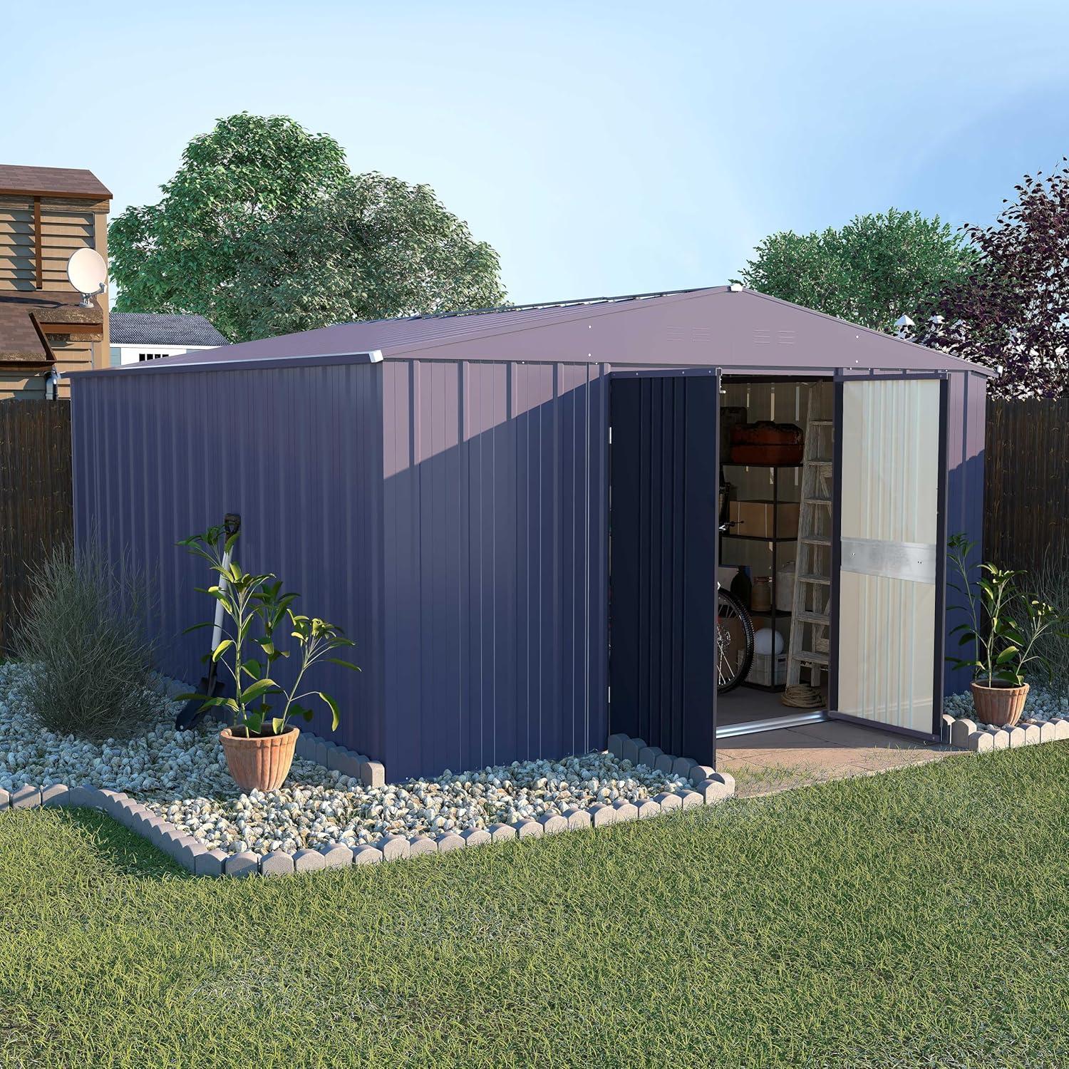 VEIKOUS 10' x 12' Outdoor Storage Shed with Lockable Doors for Garden, Gray