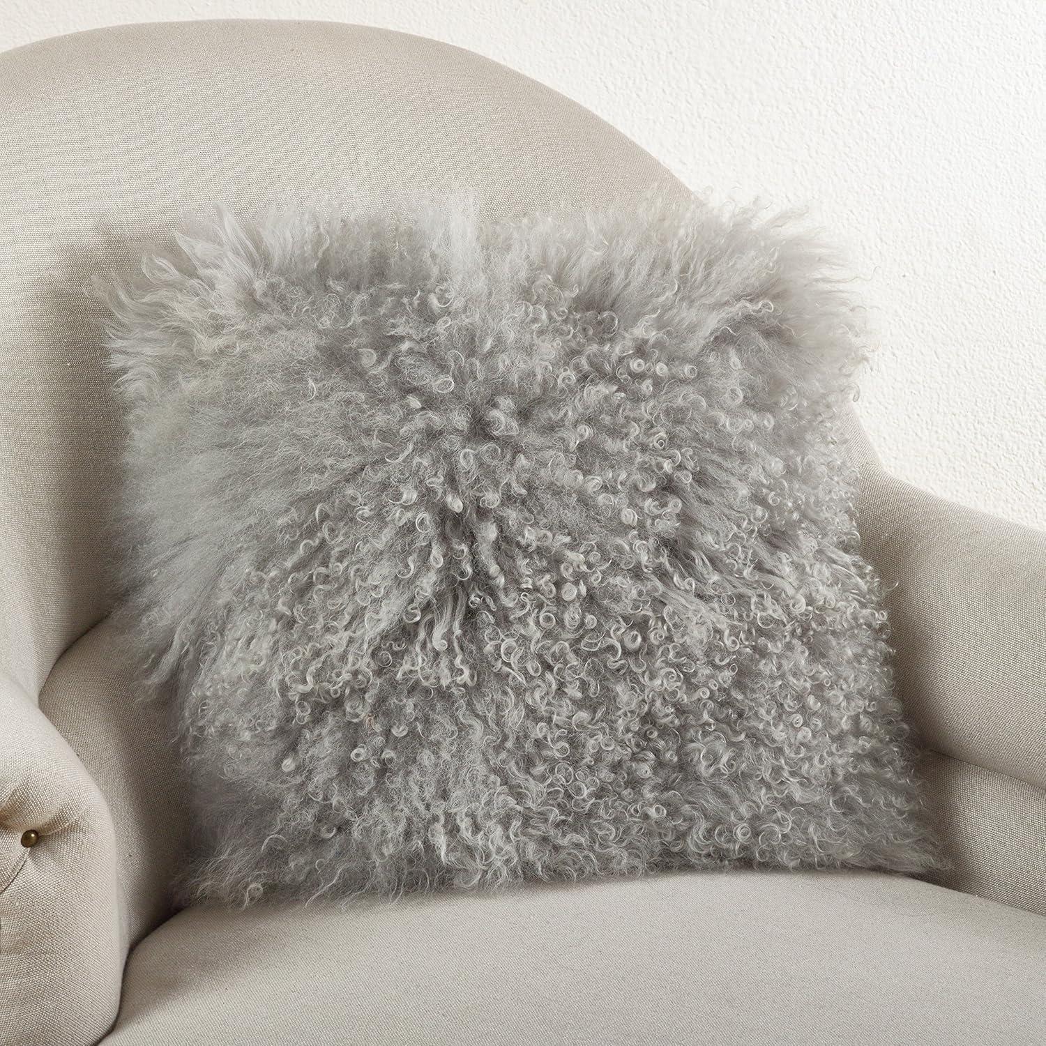 Fog Gray 20" Wool Mongolian Lamb Fur Throw Pillow