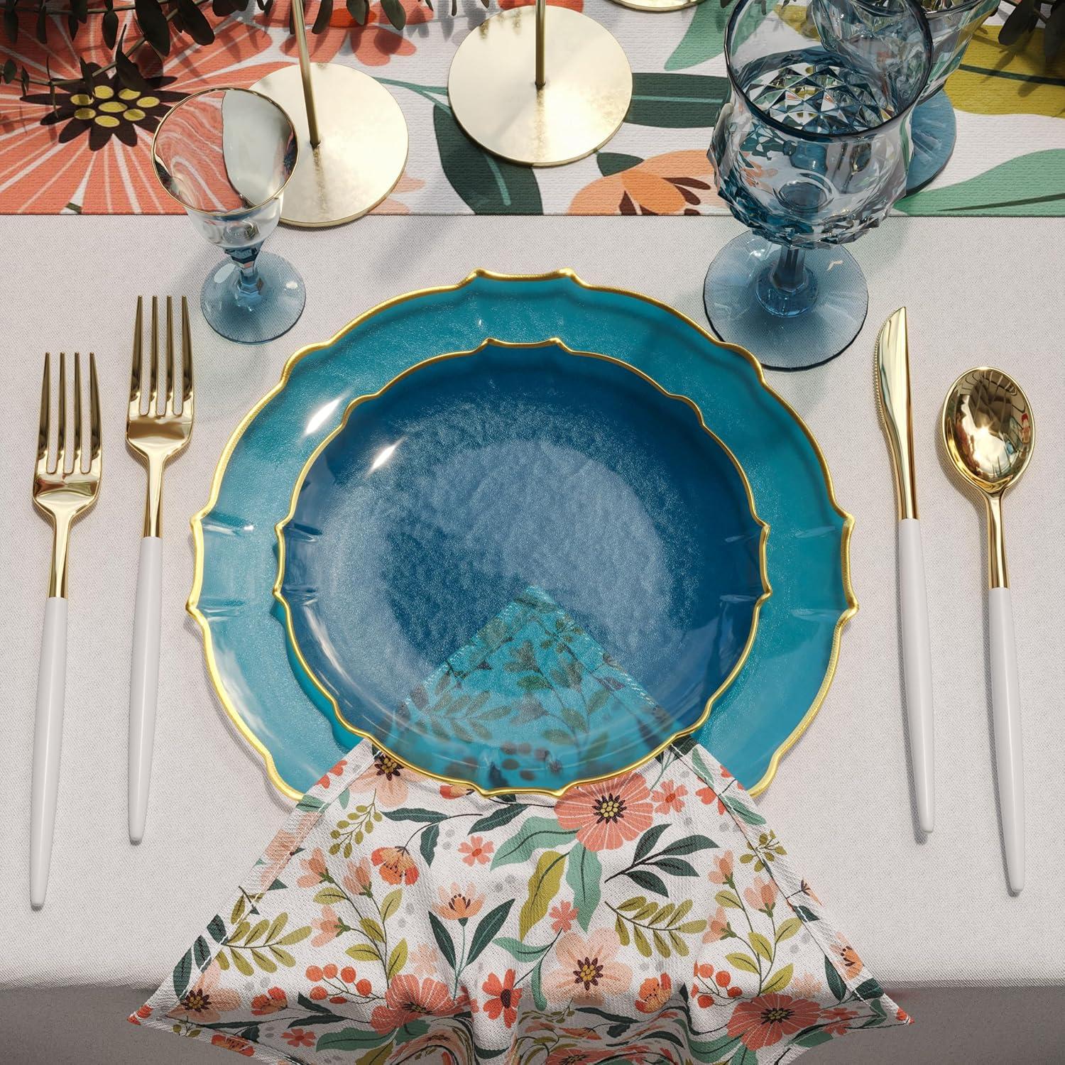 Trendables 40 Pieces Plastic Disposable Wedding Plates Set - 20 x 7.5" & 20 x 10" Thin & Delicate Peacock Tinted Petals Plates with Gold Rim-Serves 40
