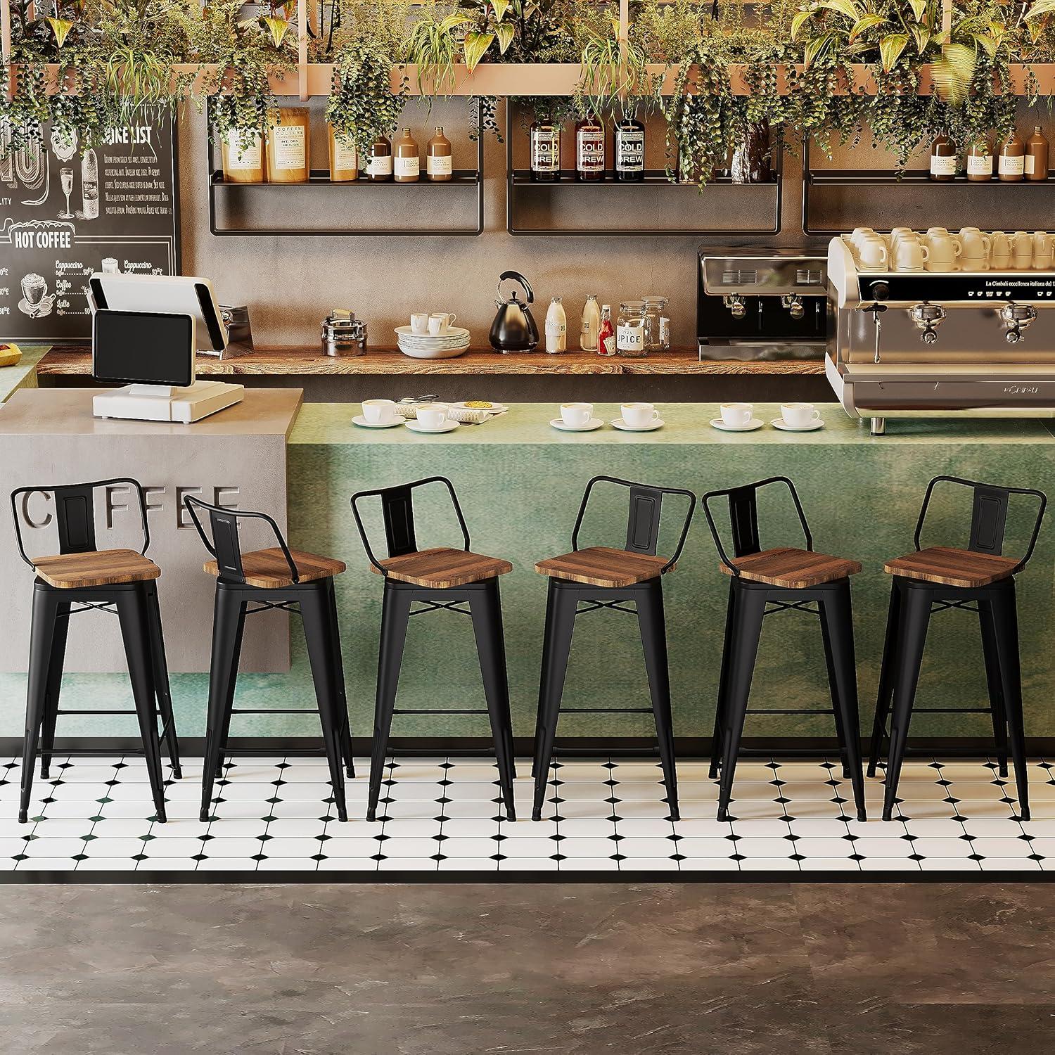 Industrial Black Metal Bar Stools with Wood Seats, Set of 4