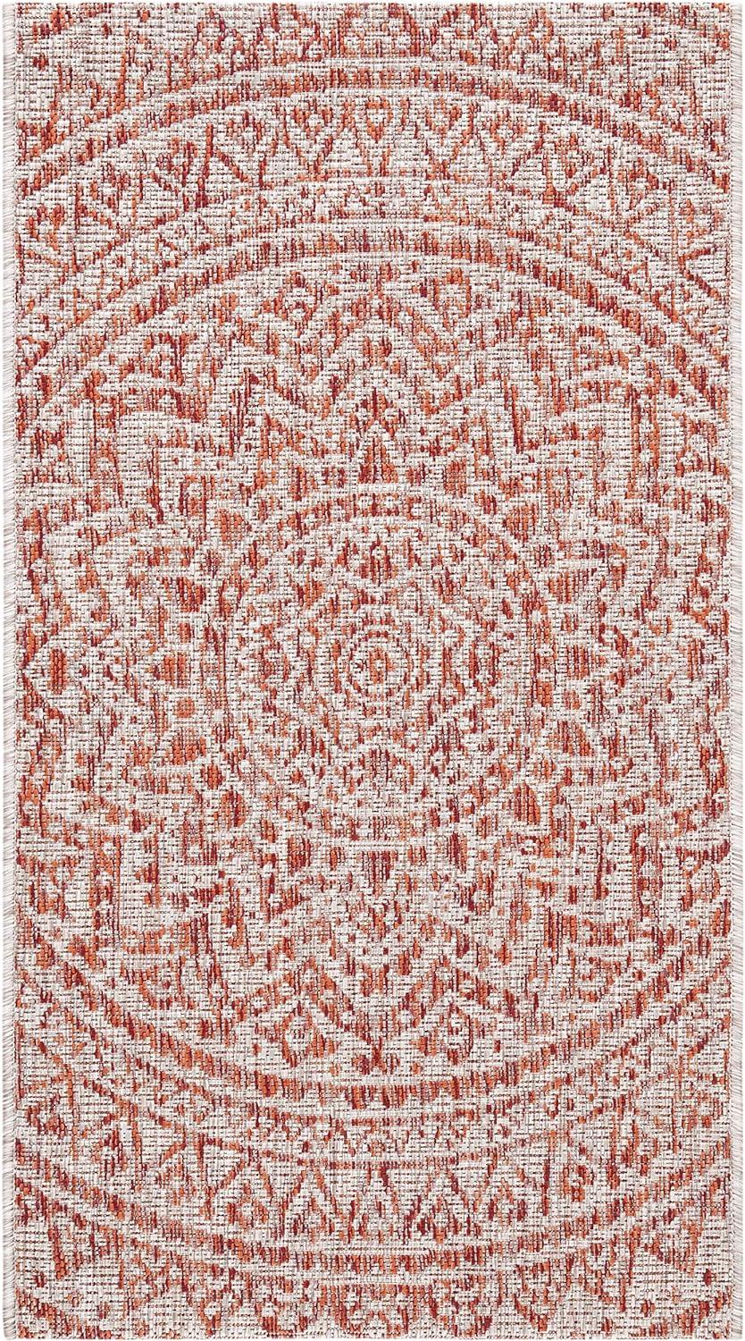 Light Beige and Terracotta Geometric Synthetic Runner Rug